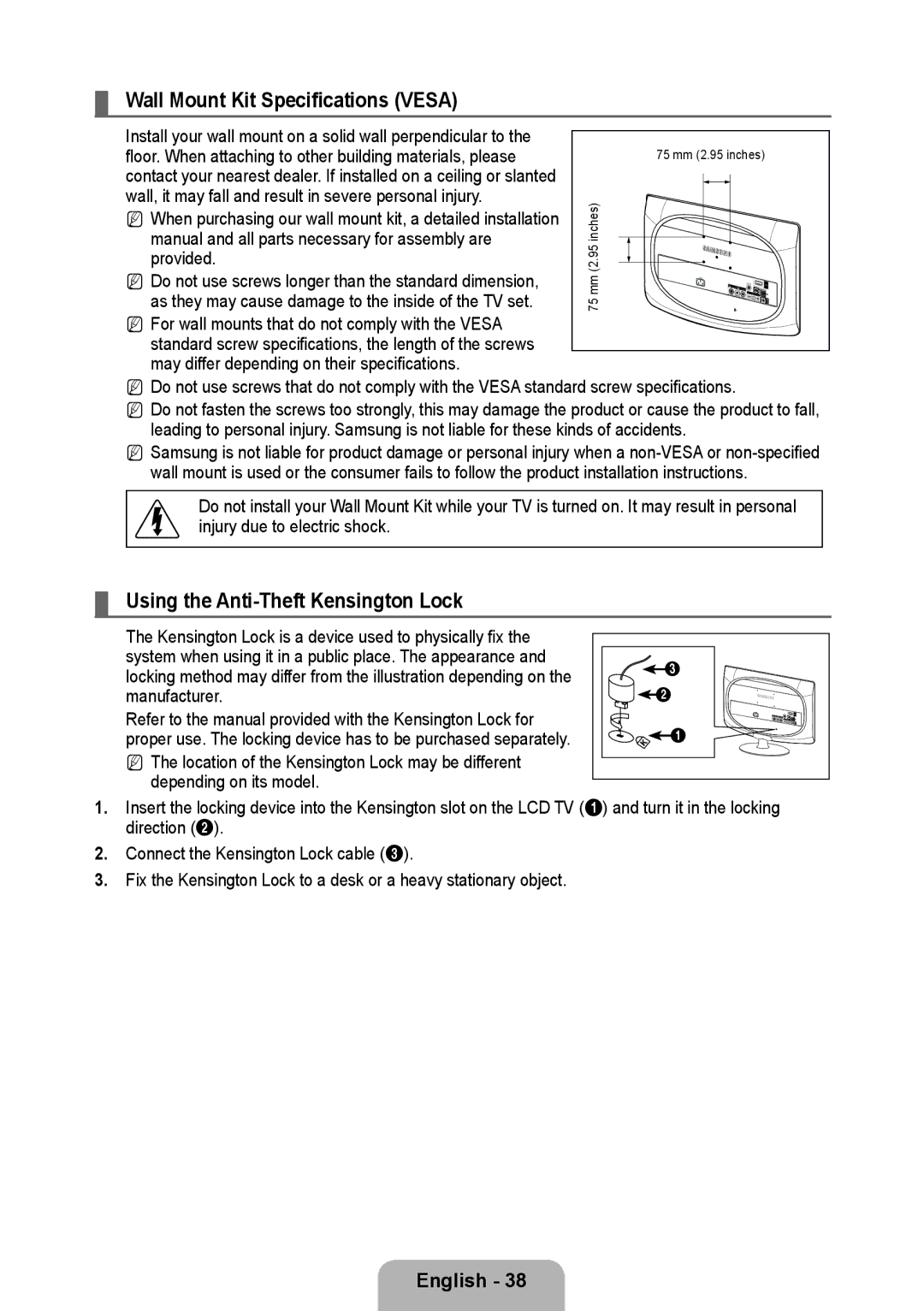 Samsung 933HD Plus user manual Wall Mount Kit Specifications Vesa, Using the Anti-Theft Kensington Lock 