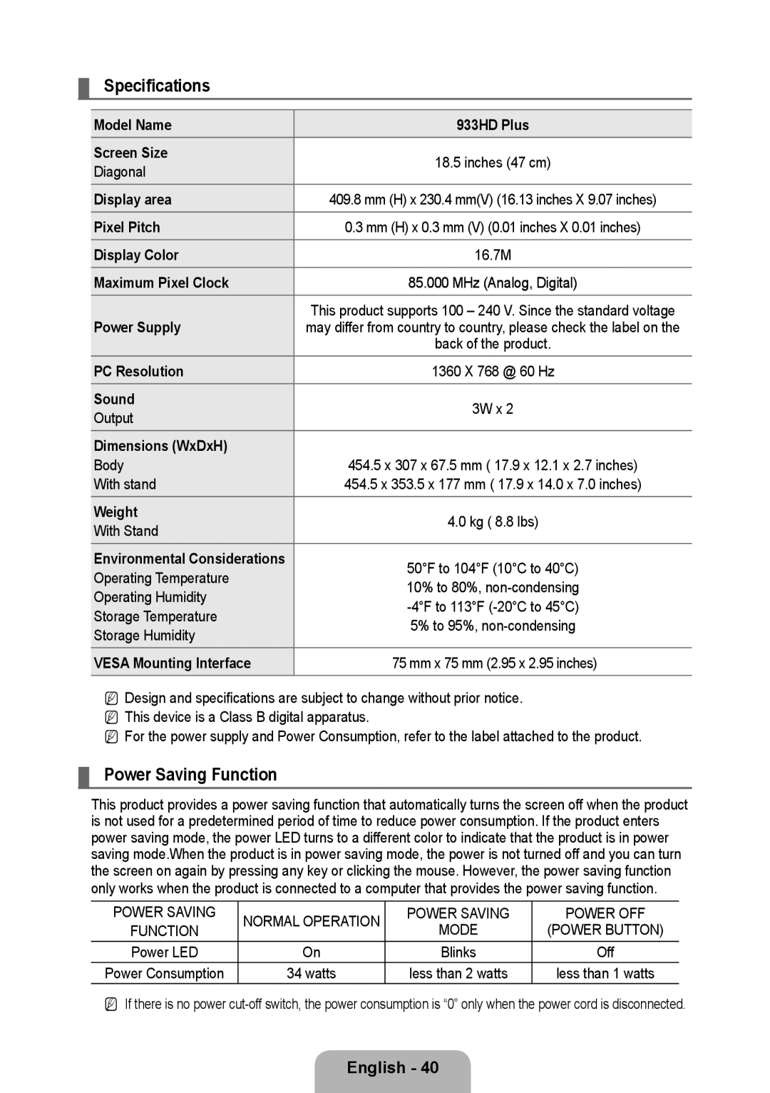 Samsung 933HD Plus user manual Specifications, Power Saving Function 