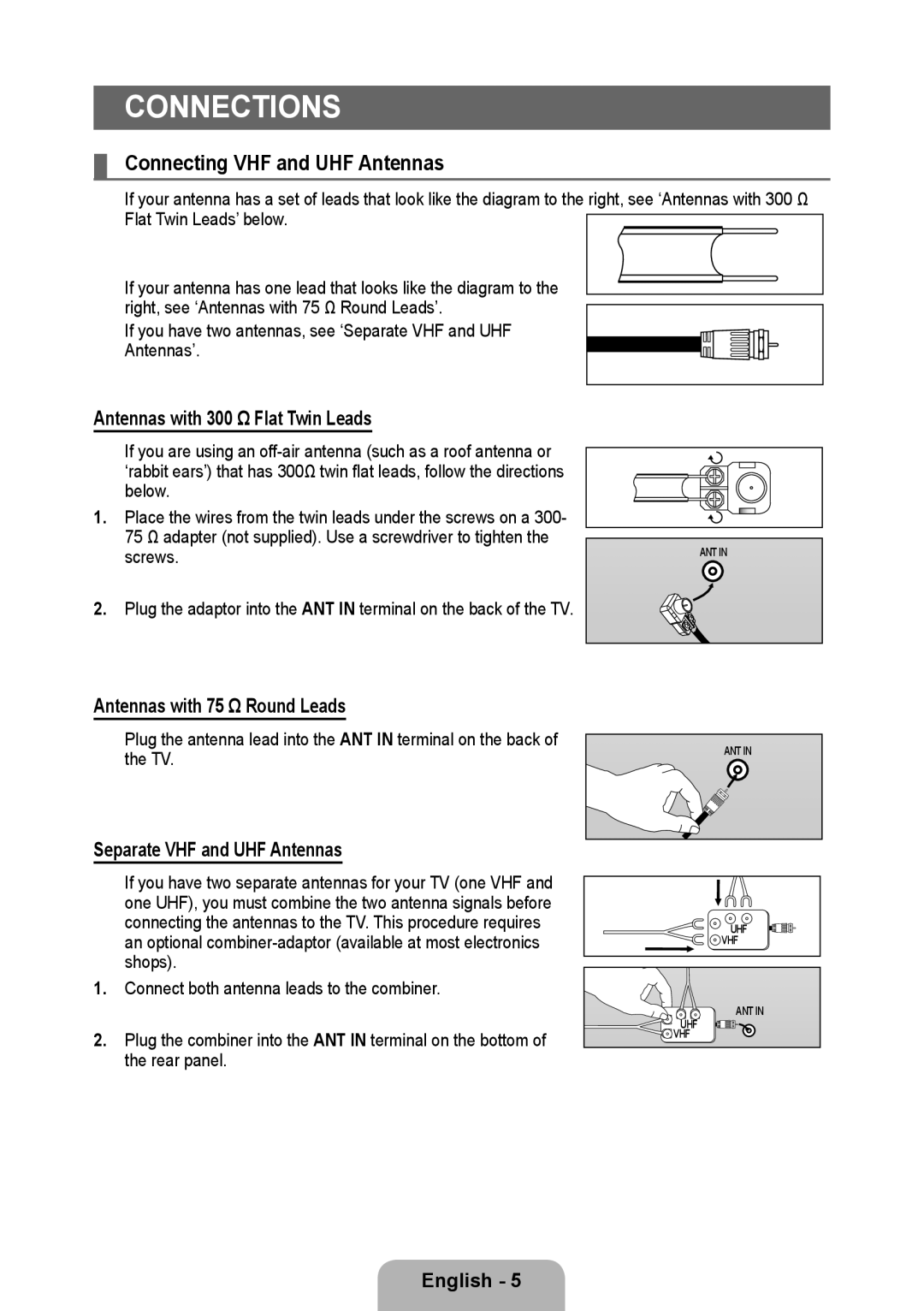 Samsung 933HD Plus user manual Connections, Connecting VHF and UHF Antennas, Antennas with 300 Ω Flat Twin Leads 