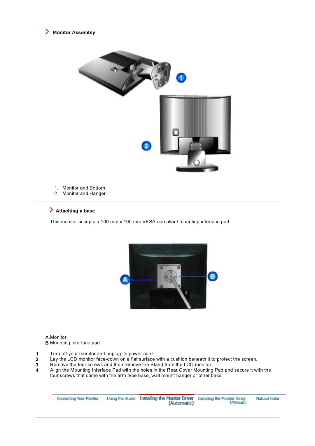 Samsung 73V, 93V manual Monitor Assembly, Attaching a base 