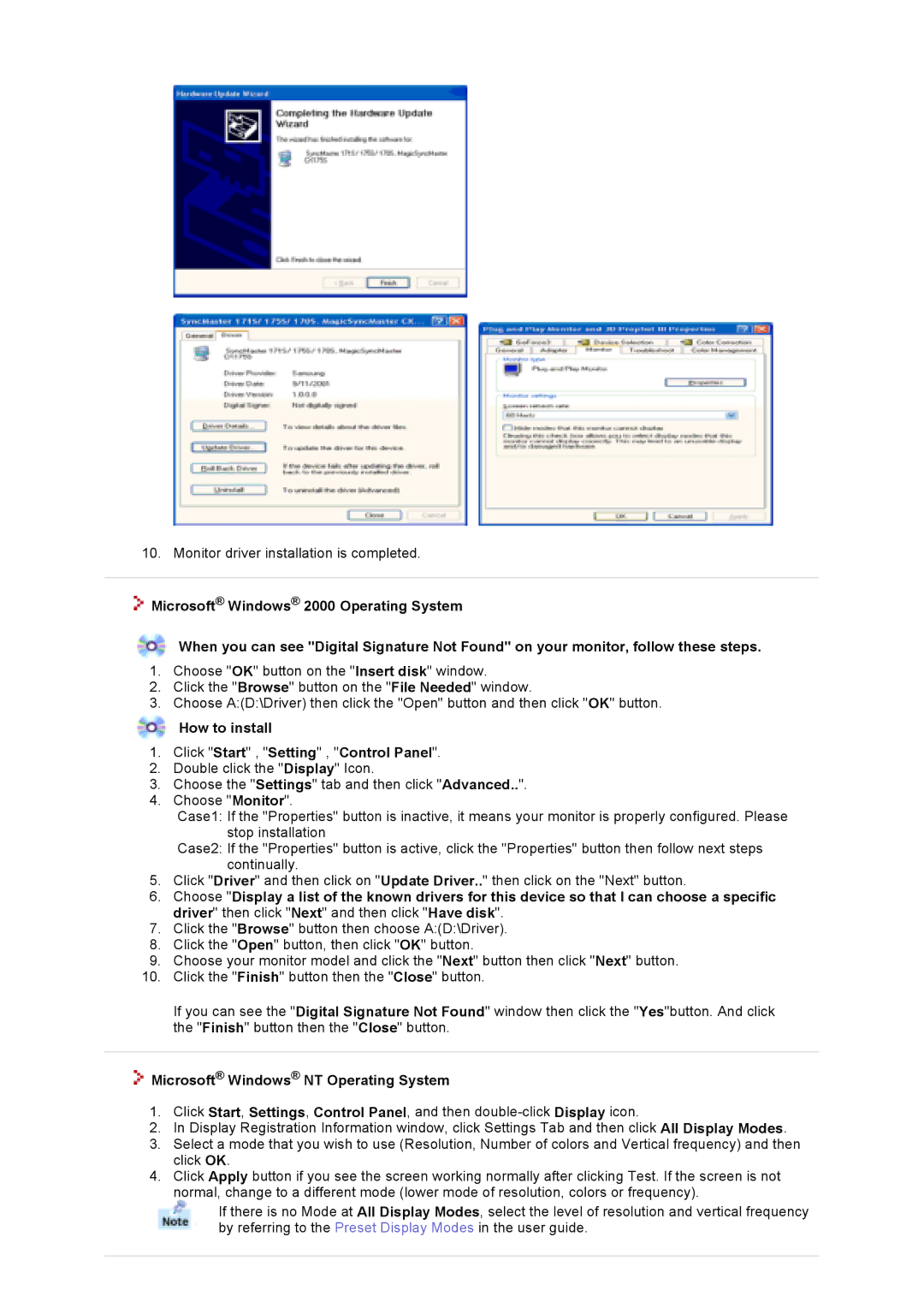 Samsung 73V, 93V manual How to install Click Start , Setting , Control Panel, Microsoft Windows NT Operating System 