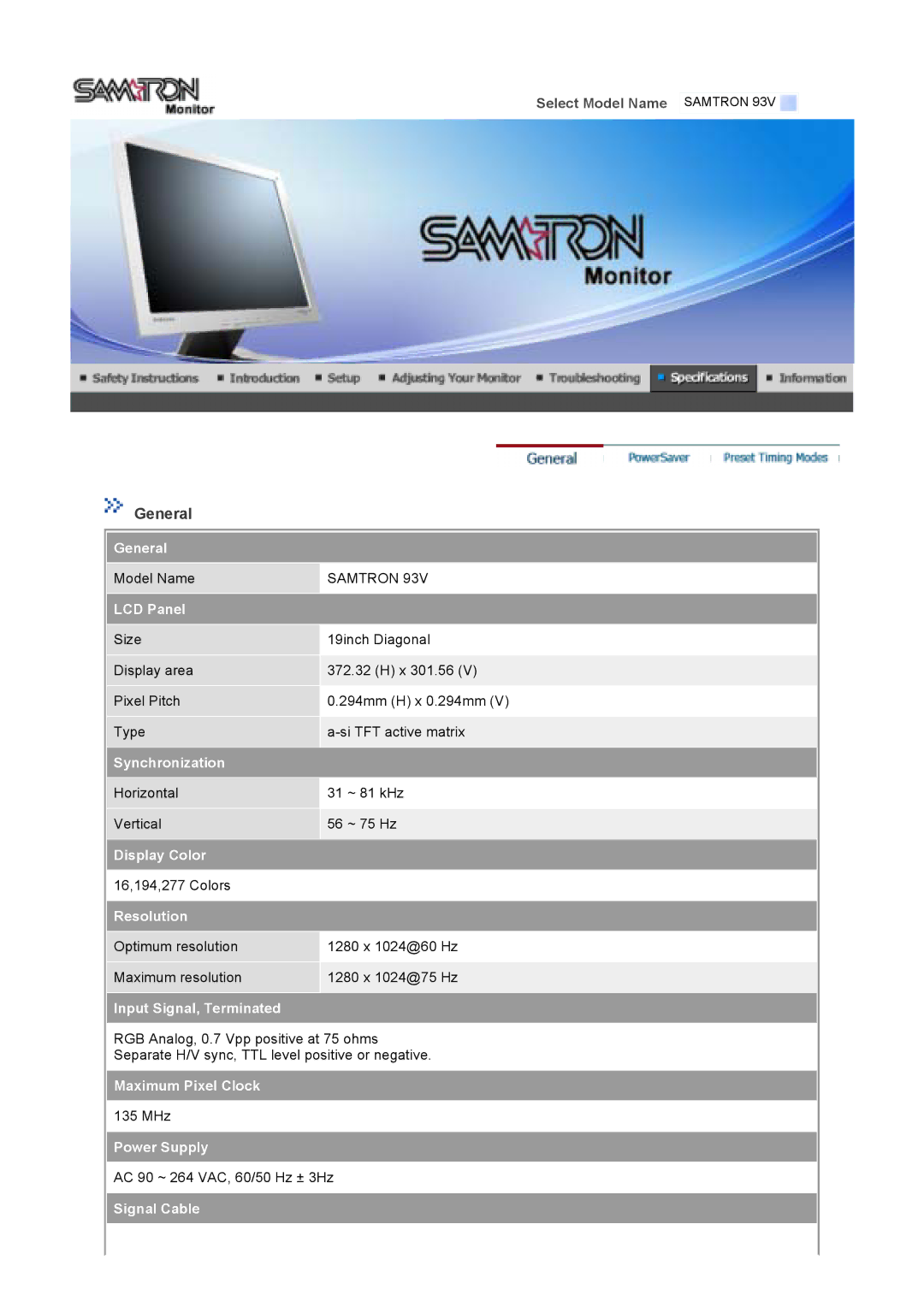 Samsung 73V, 93V manual Horizontal 31 ~ 81 kHz Vertical 56 ~ 75 Hz 