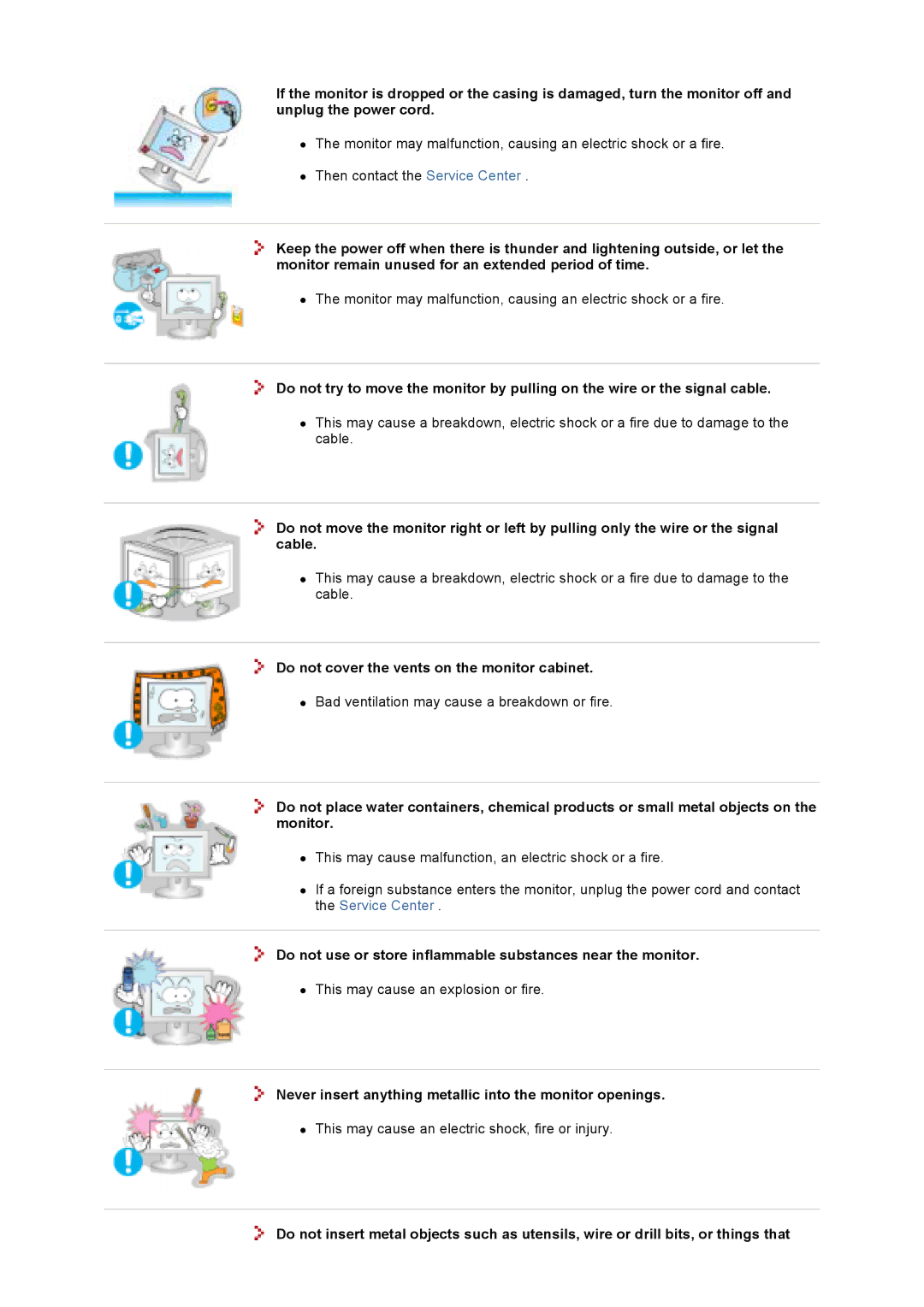 Samsung 93V Do not cover the vents on the monitor cabinet, Do not use or store inflammable substances near the monitor 