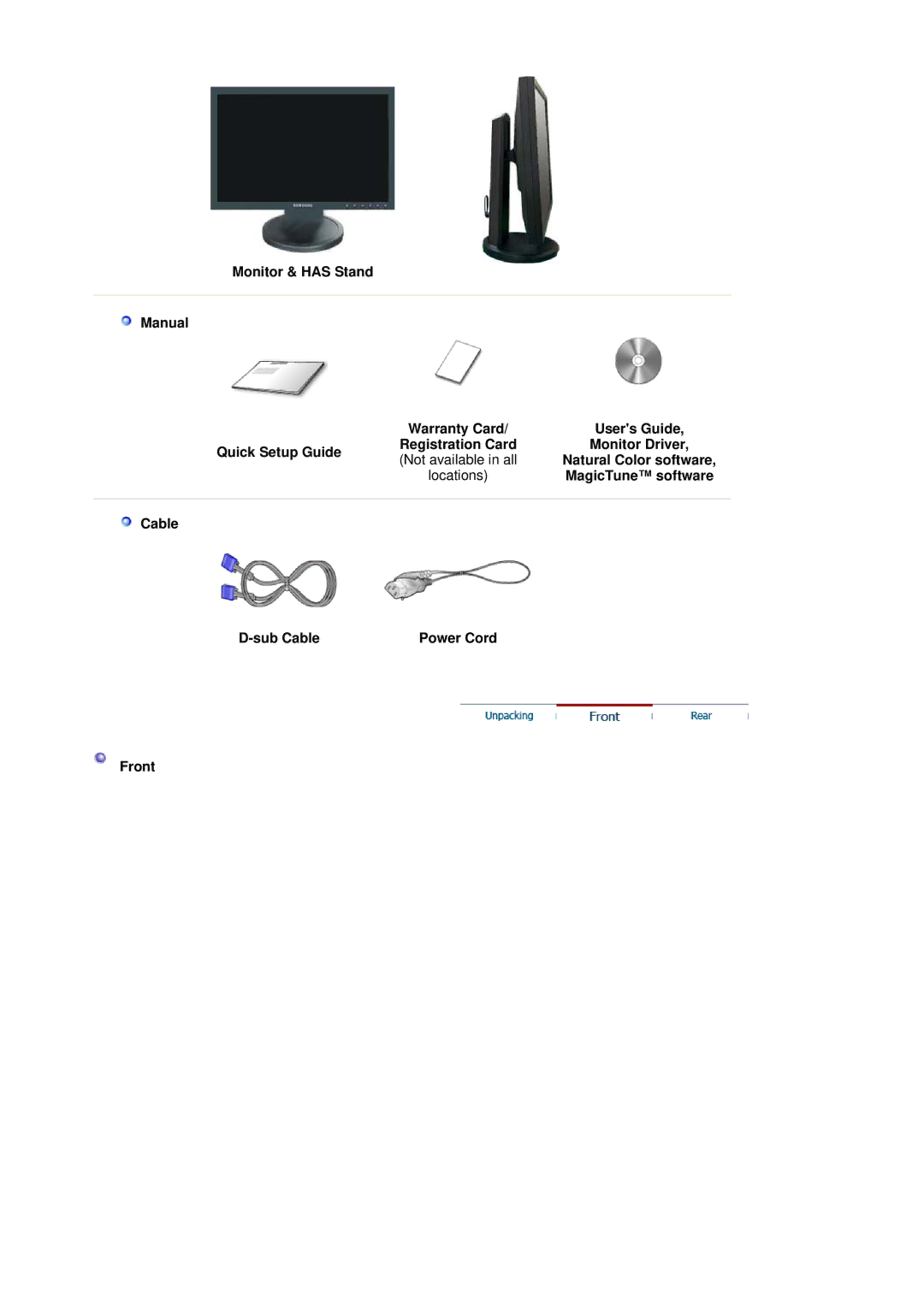 Samsung 740NW, 940 NW manual Cable Sub Cable Power Cord Front, Not available in all 