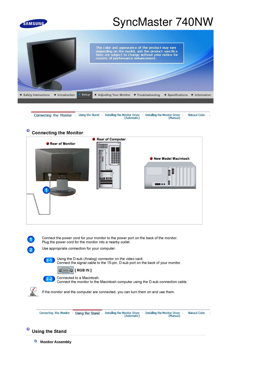 Samsung 740NW, 940 NW manual Connecting the Monitor, Using the Stand, Rgb, Monitor Assembly 