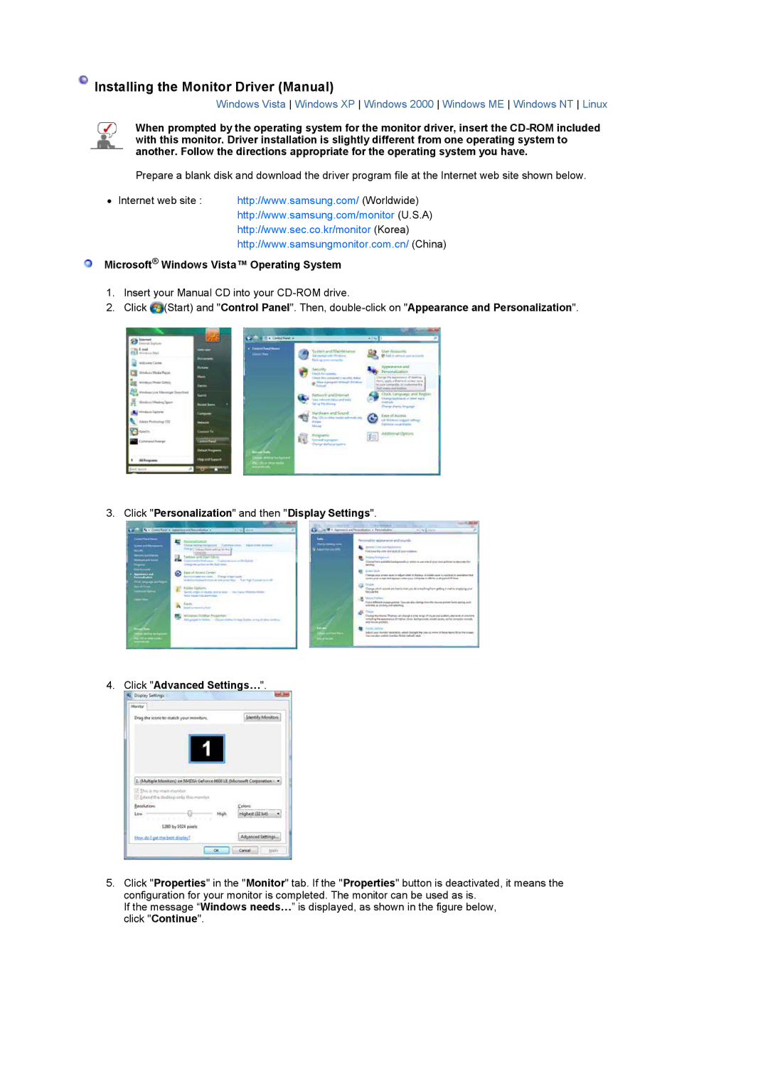 Samsung 740NW, 940 NW manual Installing the Monitor Driver Manual, Microsoft Windows Vista Operating System 