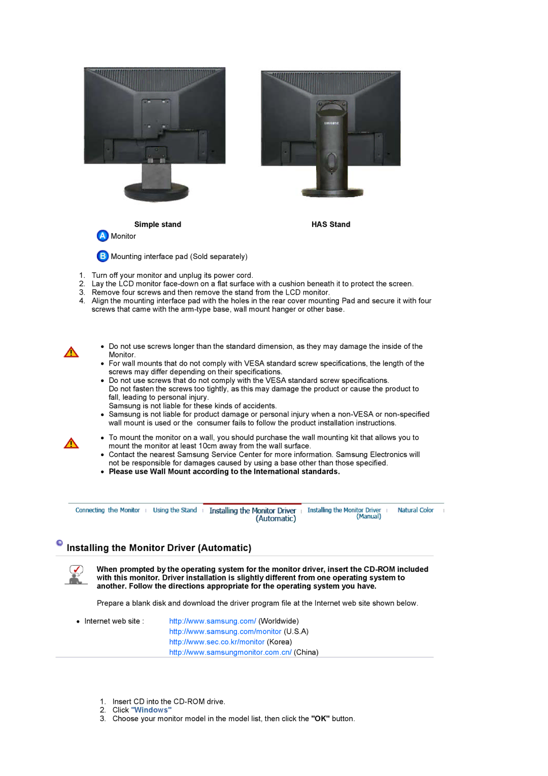 Samsung 740NW, 940 NW manual Installing the Monitor Driver Automatic, Simple stand Has Stand 