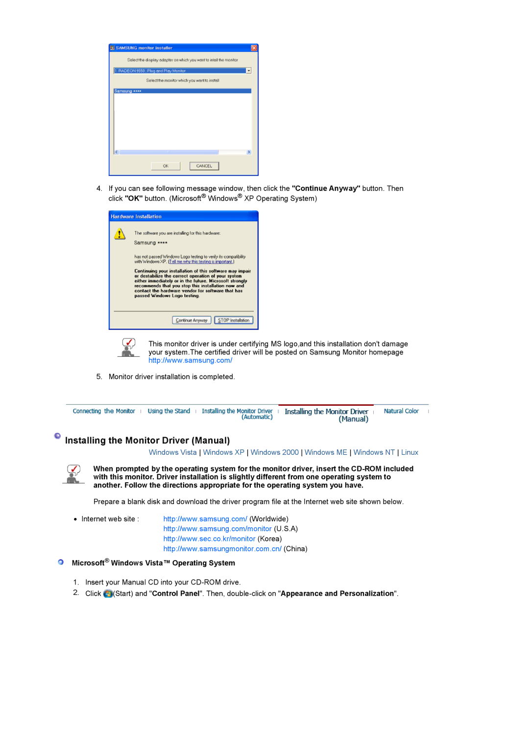 Samsung 740NW, 940 NW manual Installing the Monitor Driver Manual 