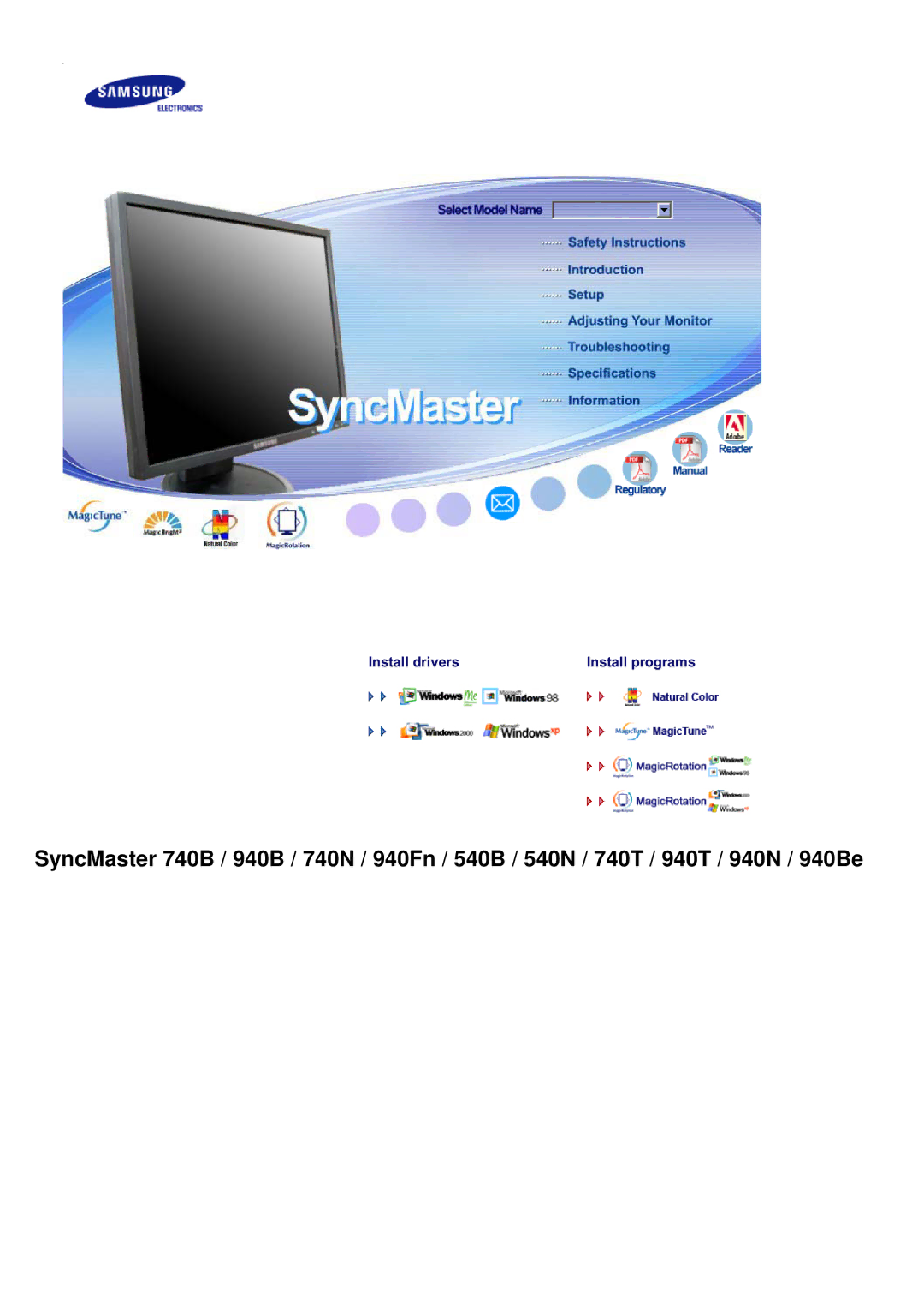 Samsung 940BE, 940FN, 940N, 740B, 740N, 740T, 540N, 540B manual Install drivers Install programs 