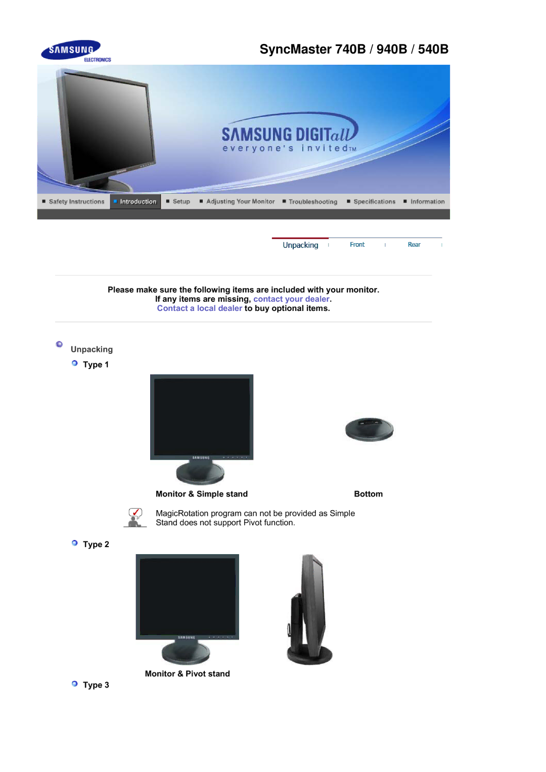 Samsung 940BE, 940FN, 940N, 740B, 740N, 740T, 540N Unpacking, Type Monitor & Simple stand Bottom, Type Monitor & Pivot stand 