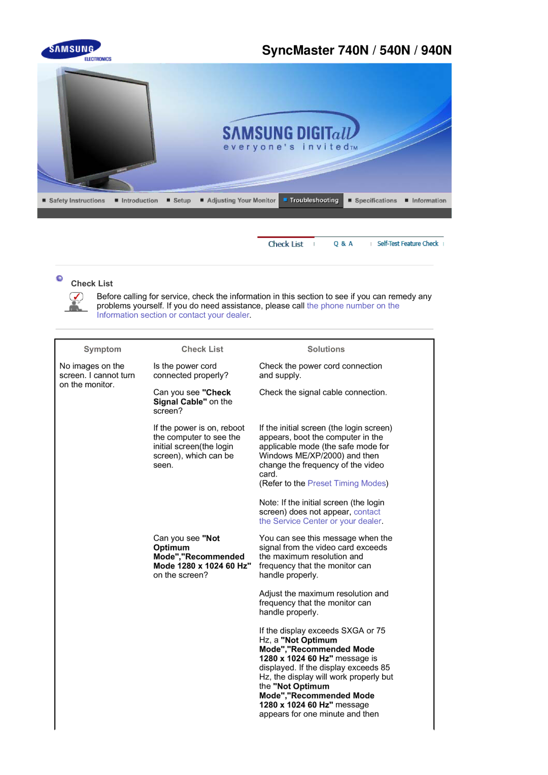 Samsung 740B, 940BE, 940FN, 940N, 740N, 740T, 540N, 540B manual Check List Solutions, Signal Cable on 