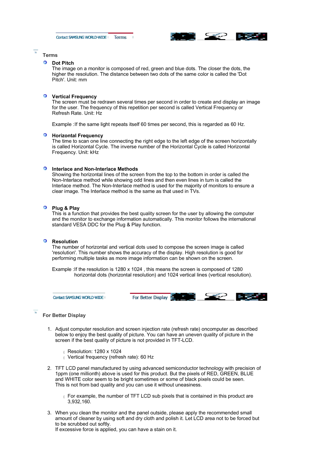 Samsung 740N, 940BE, 940FN, 940N, 740B, 740T, 540N, 540B manual Terms, For Better Display 