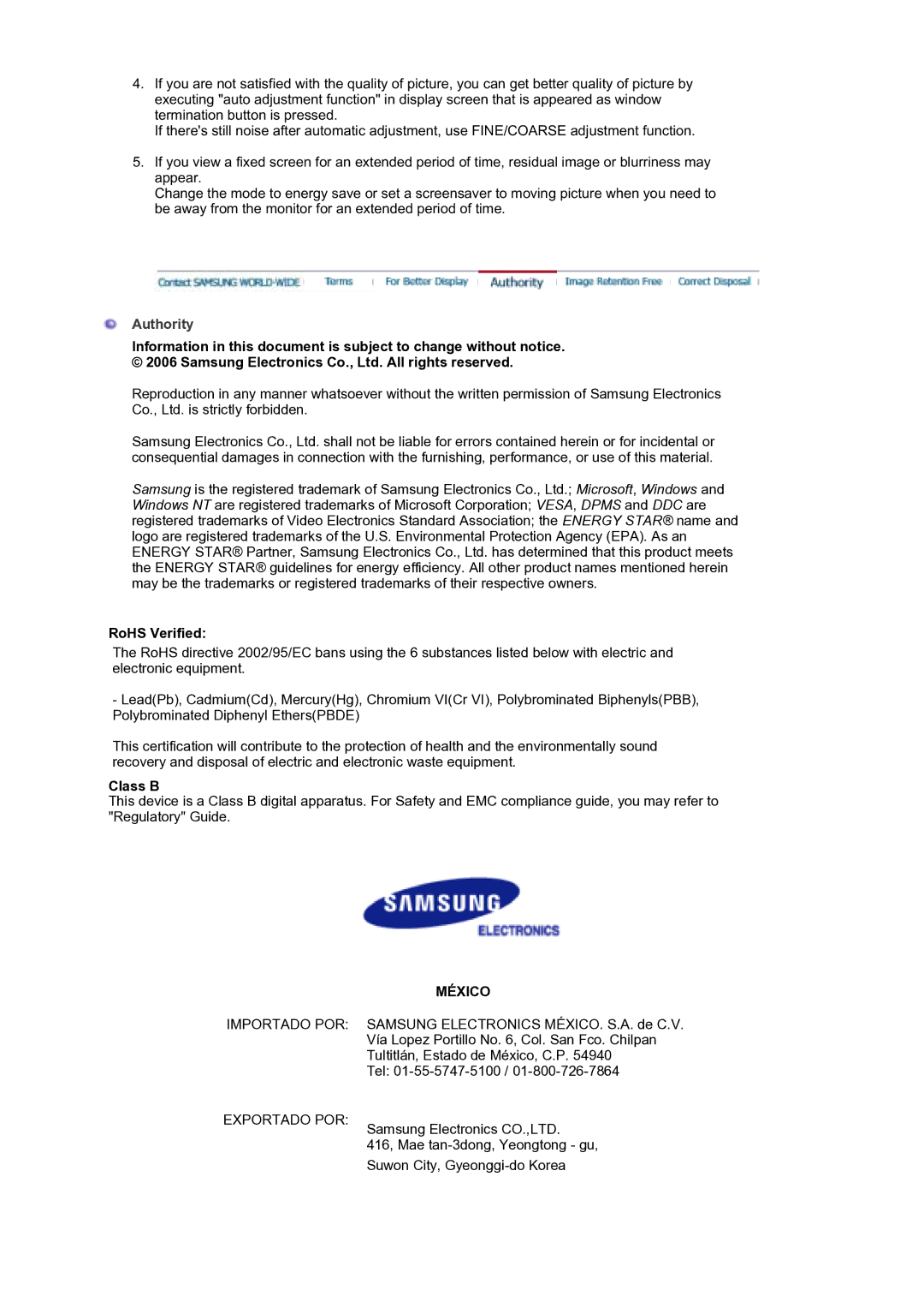 Samsung 740T, 940BE, 940FN, 940N, 740B, 740N, 540N, 540B manual Authority, RoHS Verified, Class B 