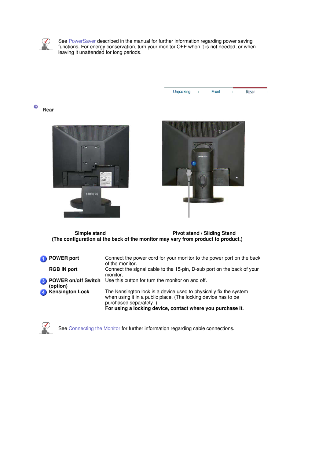 Samsung 540B, 940BE, 940FN, 940N, 740B, 740N, 740T, 540N manual Rear, Monitor RGB in port 