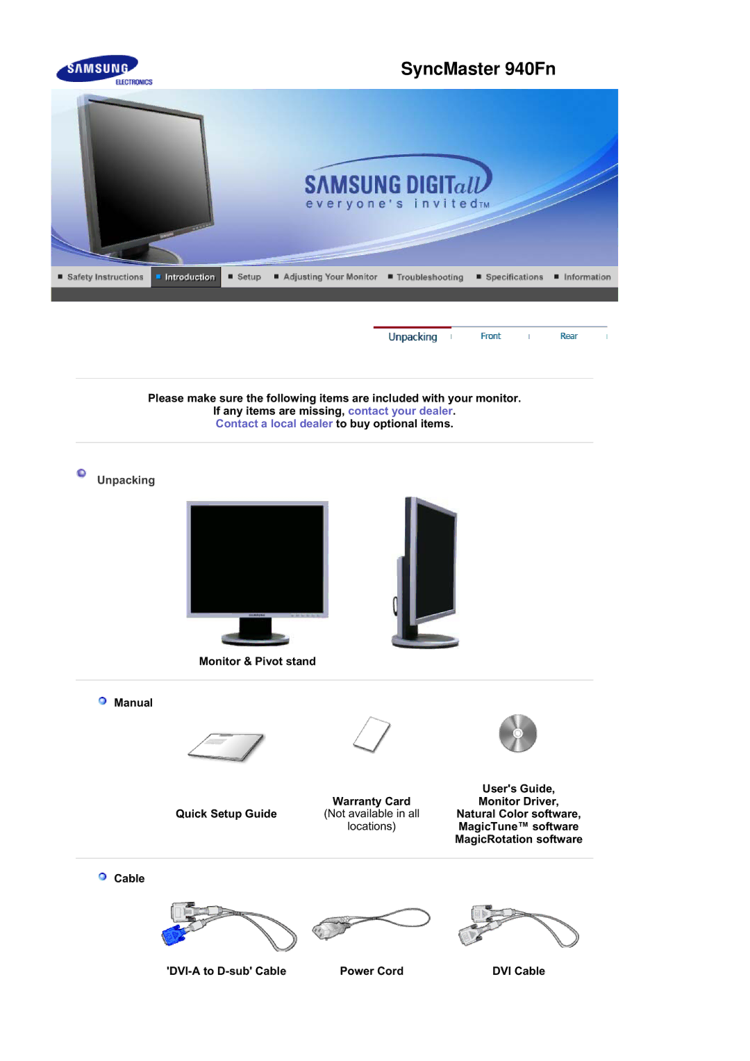 Samsung 940BE, 940FN, 940N, 740B, 740N, 740T, 540N, 540B manual SyncMaster 940Fn, Cable DVI-A to D-sub Cable Power Cord DVI Cable 