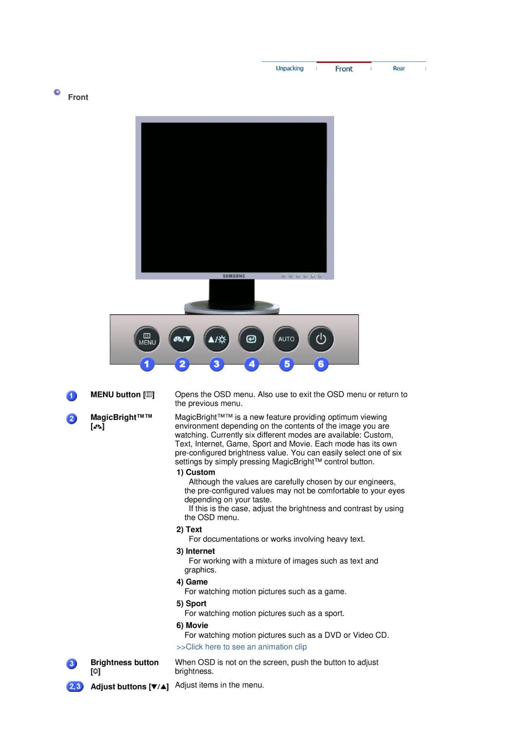 Samsung 940BE, 940FN, 940N, 740B, 740N, 740T, 540N, 540B manual Front, Menu button MagicBright Brightness button Adjust buttons 