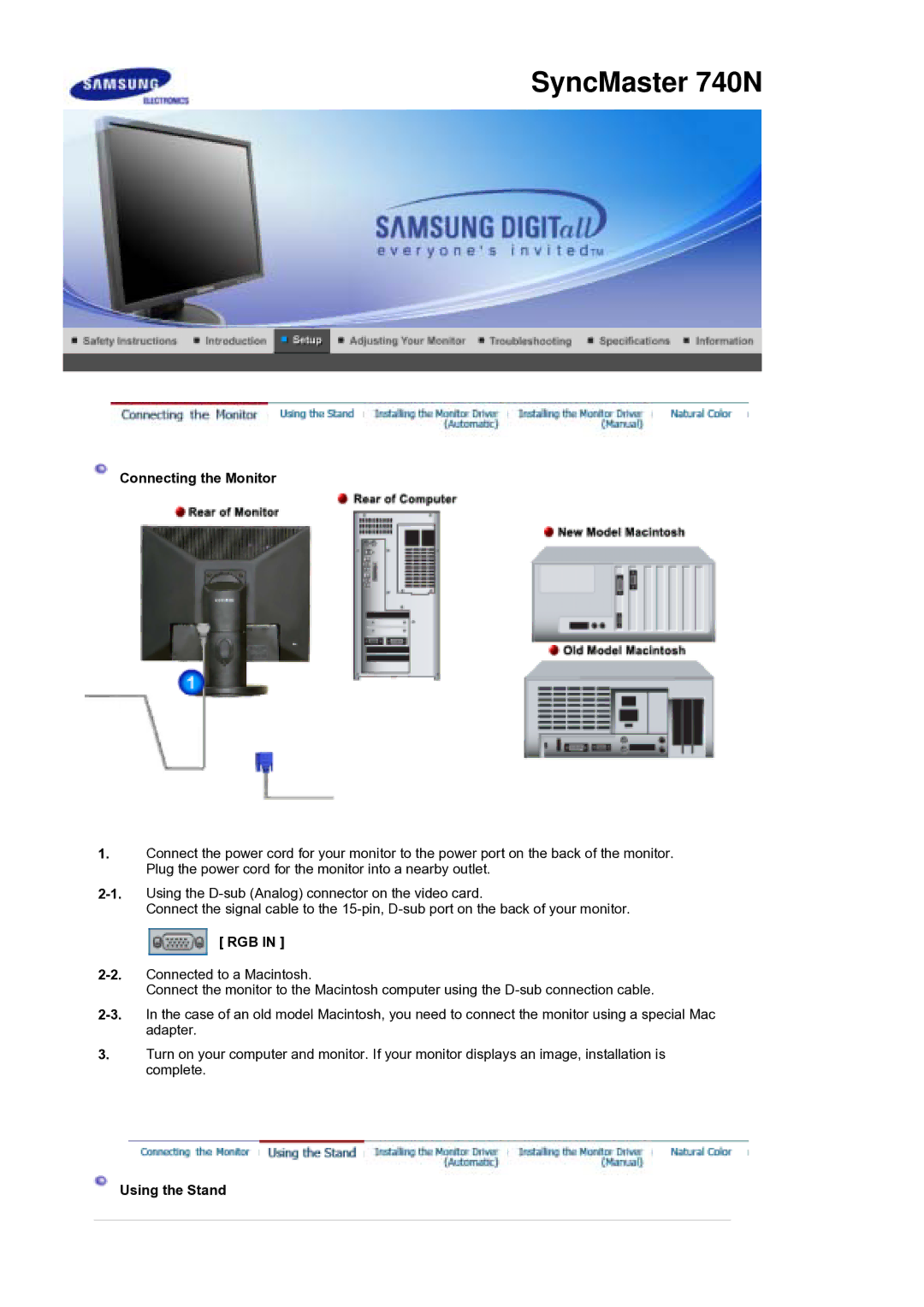 Samsung 540N, 940BE, 940FN, 940N, 740B, 740N, 740T, 540B manual Connecting the Monitor, Rgb, Using the Stand 