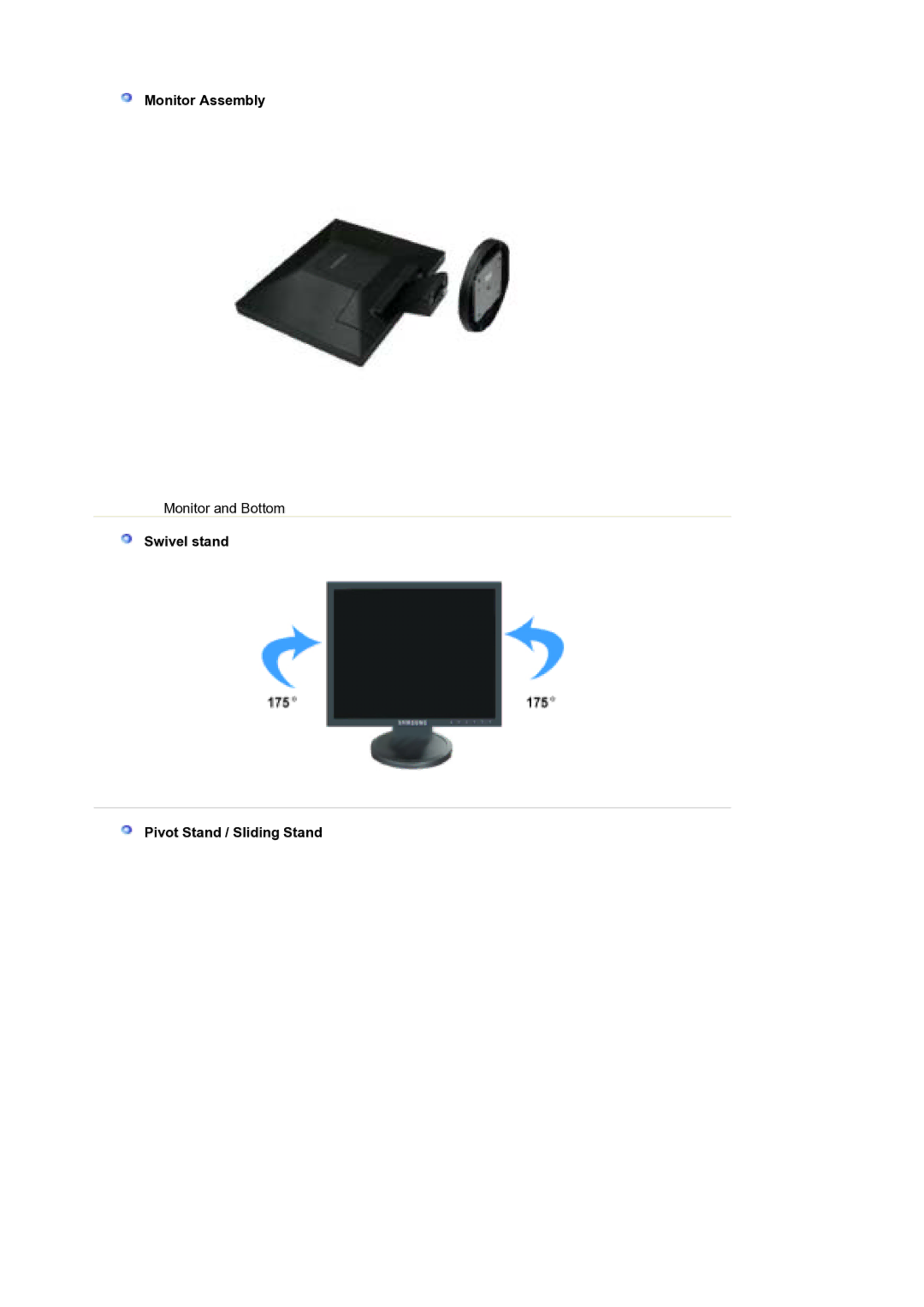 Samsung 540B, 940BE, 940FN, 940N, 740B, 740N, 740T, 540N manual Monitor Assembly, Swivel stand Pivot Stand / Sliding Stand 