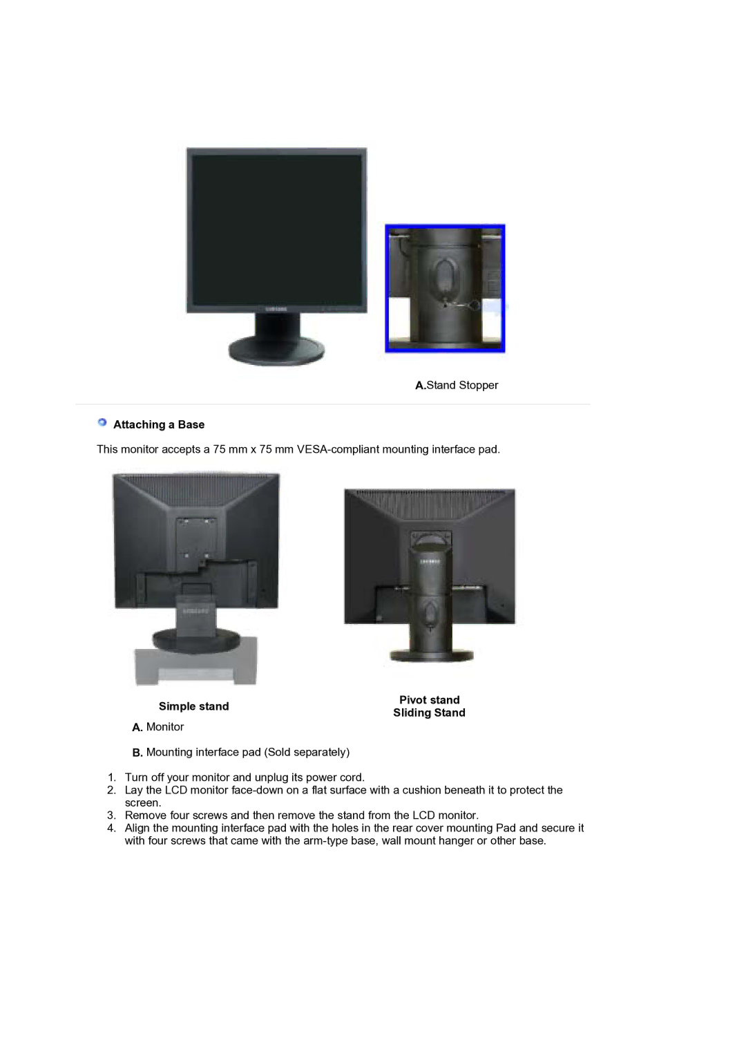 Samsung 940BE, 940FN, 940N, 740B, 740N, 740T, 540N, 540B manual Attaching a Base, Simple stand Pivot stand Sliding Stand 