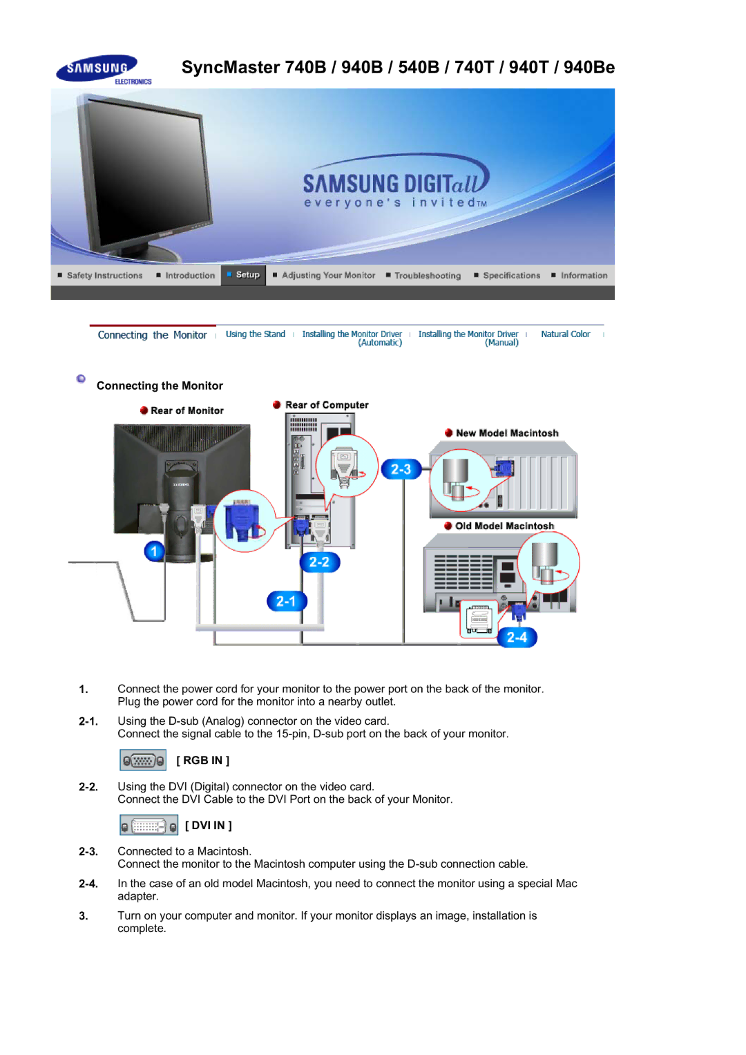 Samsung 940BE, 940FN, 940N, 740N, 540N manual SyncMaster 740B / 940B / 540B / 740T / 940T / 940Be, Dvi 