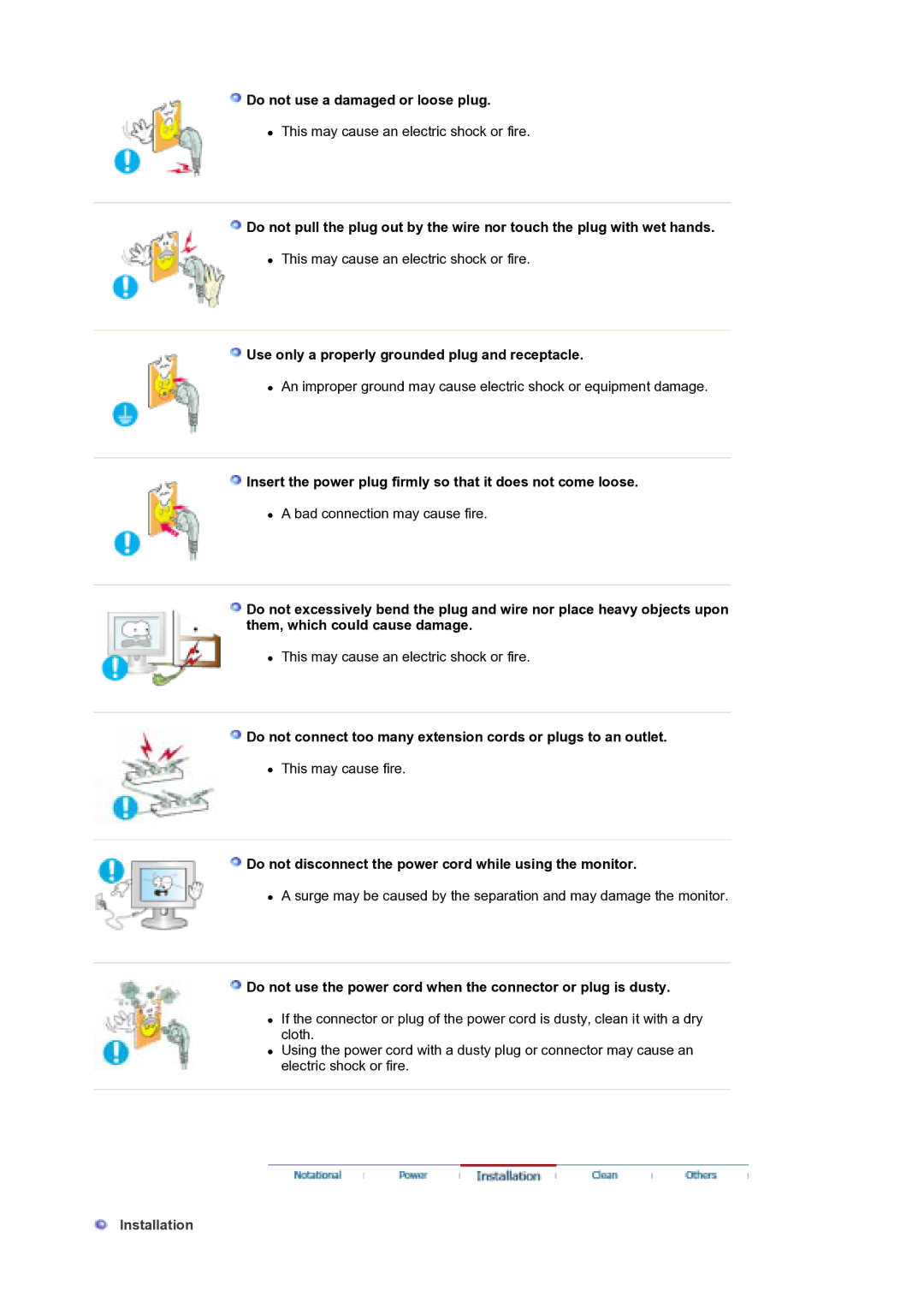 Samsung 940N, 940BE Do not use a damaged or loose plug, Use only a properly grounded plug and receptacle, Installation 