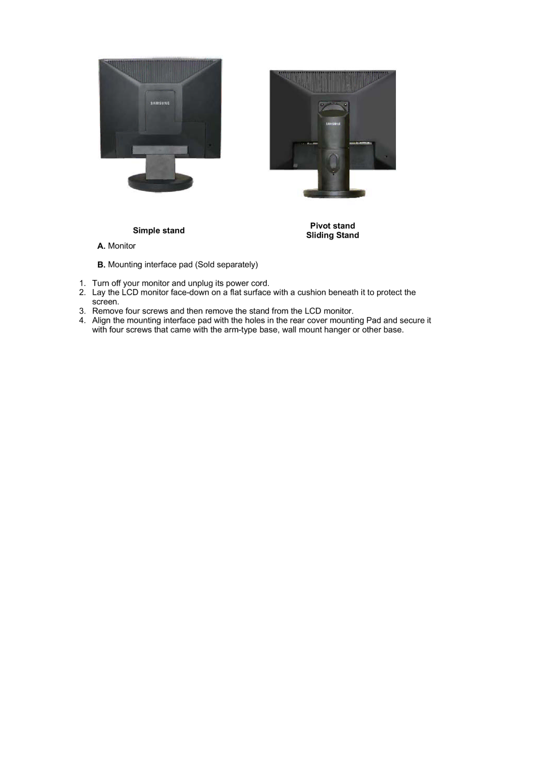 Samsung 940N, 940BE, 940FN, 740B, 740N, 740T, 540N, 540B manual Simple stand Pivot stand Sliding Stand 