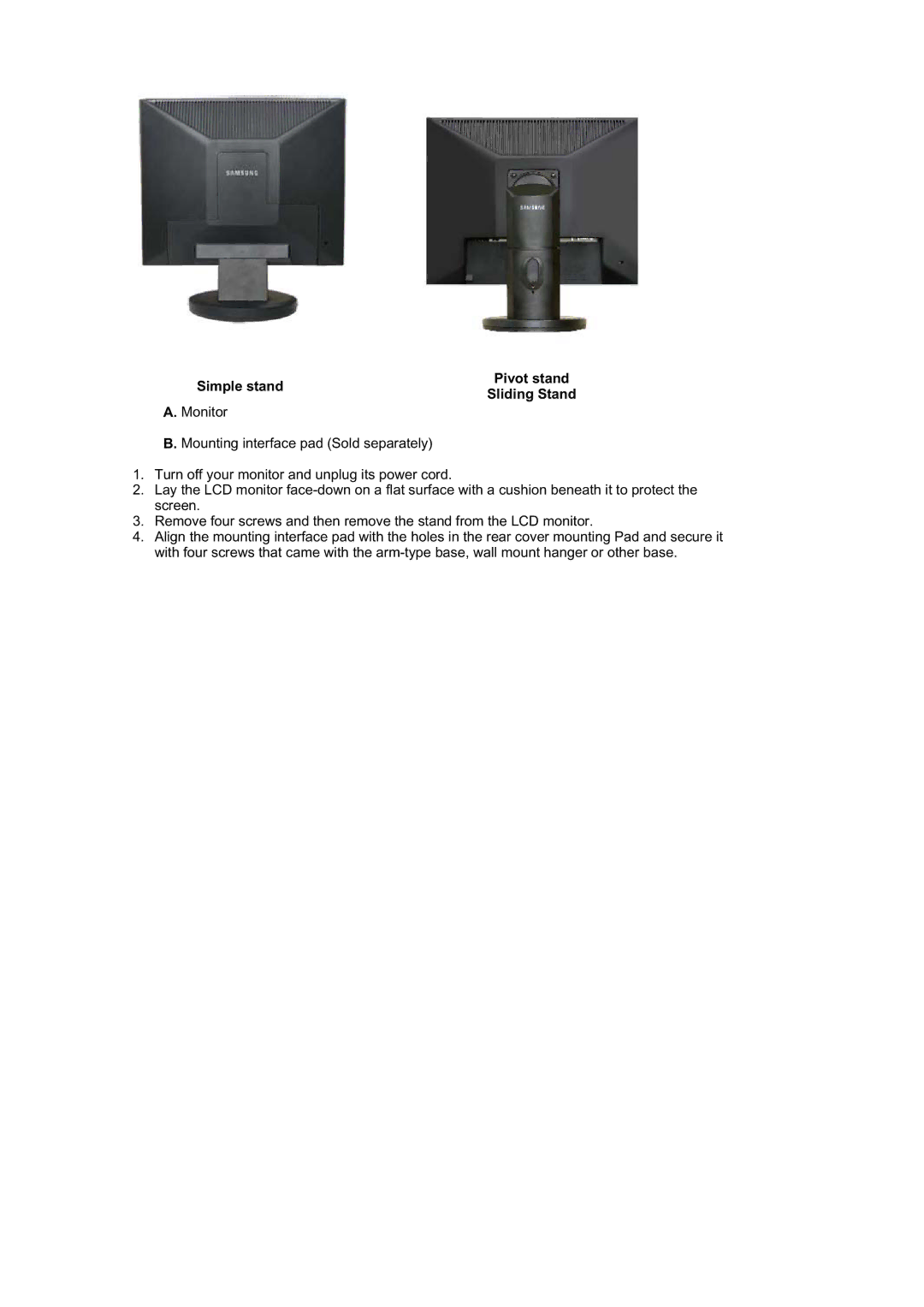 Samsung 740T, 940BE, 940FN, 940N, 740B, 740N, 540N, 540B manual Simple stand Pivot stand Sliding Stand 