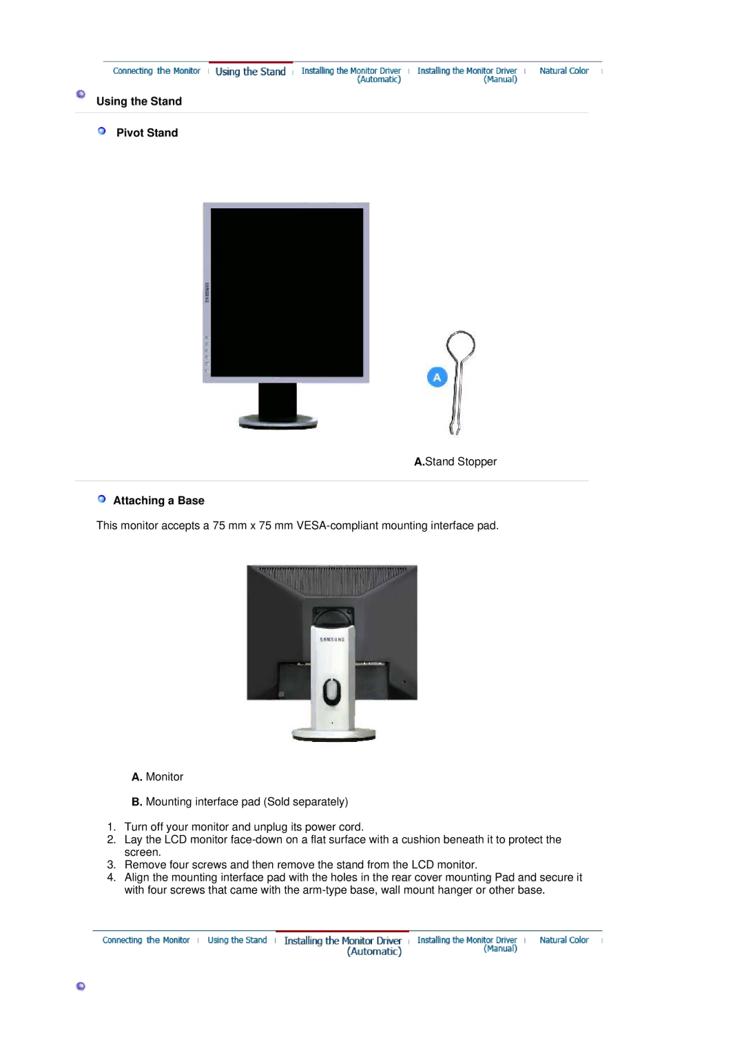 Samsung 540B, 940BE, 940FN, 940N, 740B, 740N, 740T, 540N manual Using the Stand Pivot Stand, Attaching a Base 