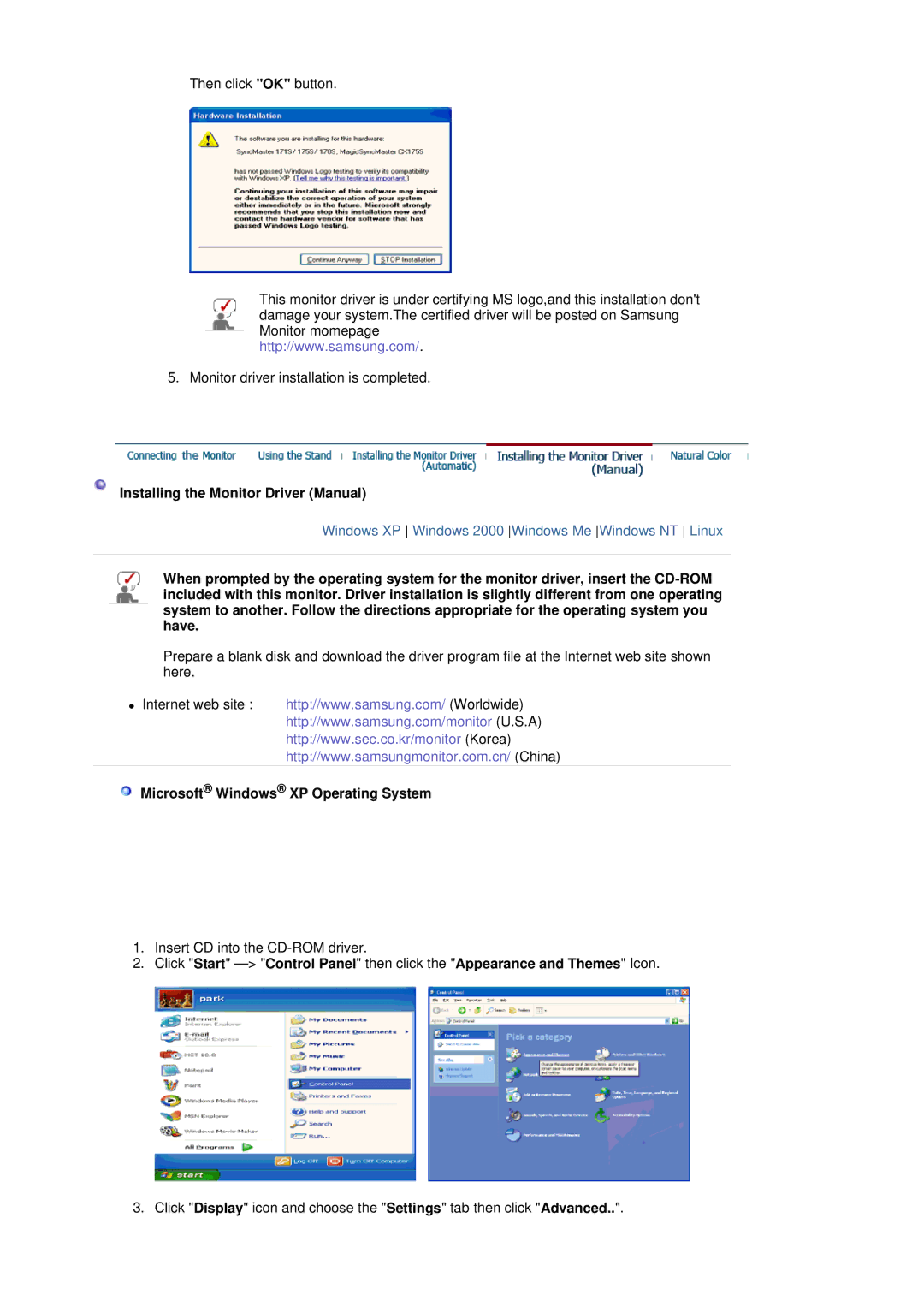 Samsung 940BE, 940FN, 940N, 740B, 740N, 740T Installing the Monitor Driver Manual, Microsoft Windows XP Operating System 