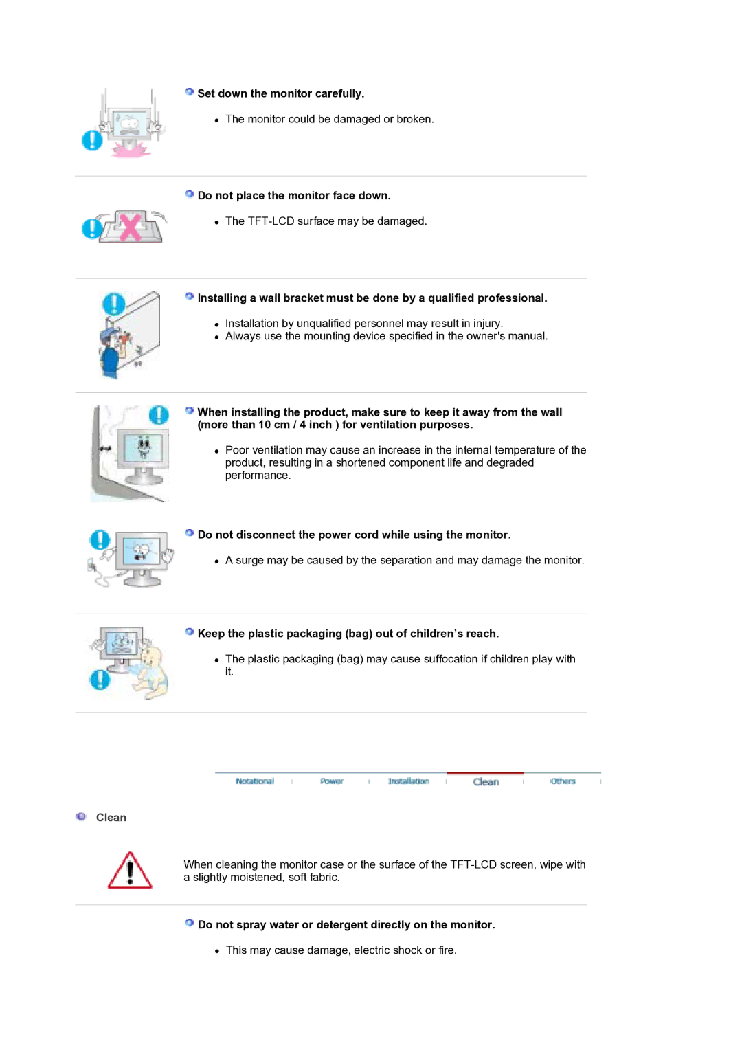 Samsung 740N, 940BE, 940FN, 940N, 740B, 740T, 540N Set down the monitor carefully, Do not place the monitor face down, Clean 