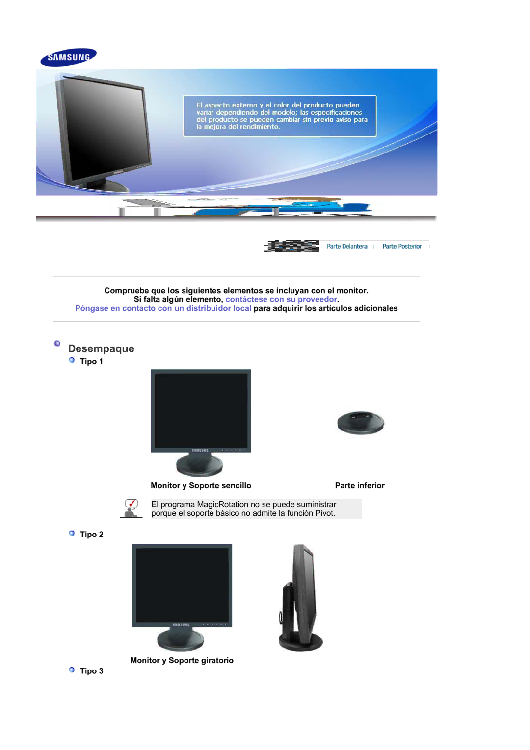 Samsung 940BPlus, 740BPlus manual Tipo Monitor y Soporte sencillo Parte inferior, Tipo Monitor y Soporte giratorio 