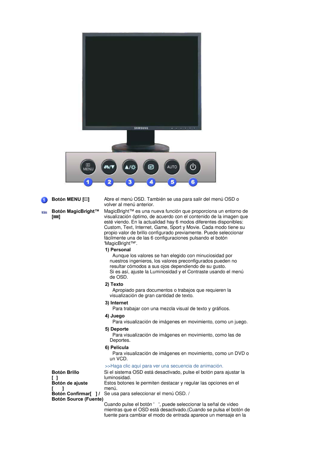 Samsung 940BPlus, 740BPlus Botón Menu, Personal, Texto, Internet, Juego, Deporte, Película, Botón Brillo, Botón de ajuste 