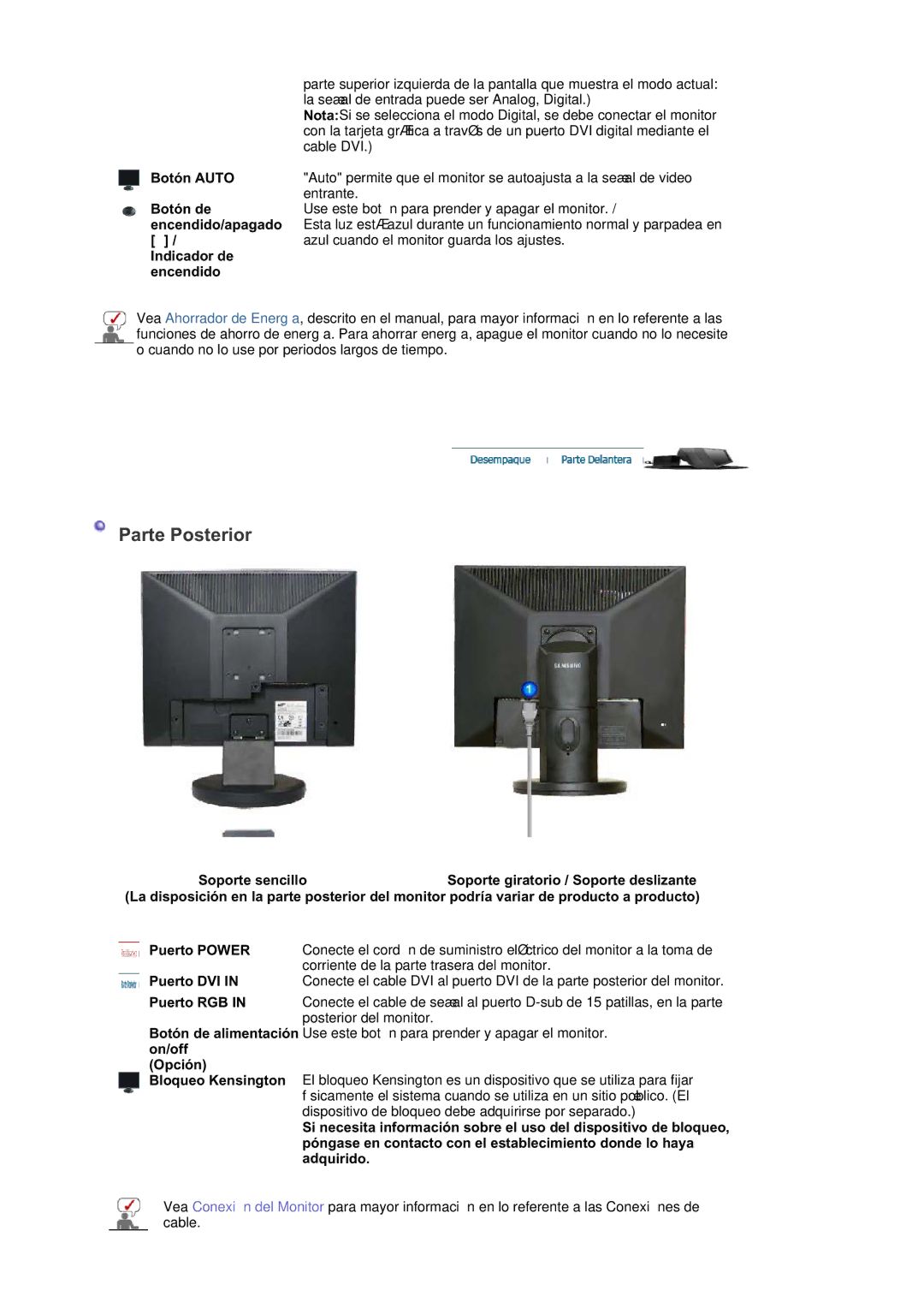 Samsung 740BPlus, 940BPlus manual Botón Auto, Botón de, Encendido/apagado, Indicador de Encendido 