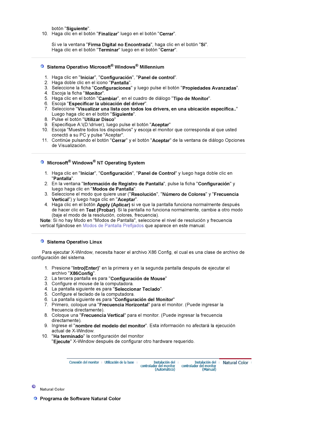 Samsung 740BPlus manual Microsoft Windows NT Operating System, Sistema Operativo Linux, Programa de Software Natural Color 