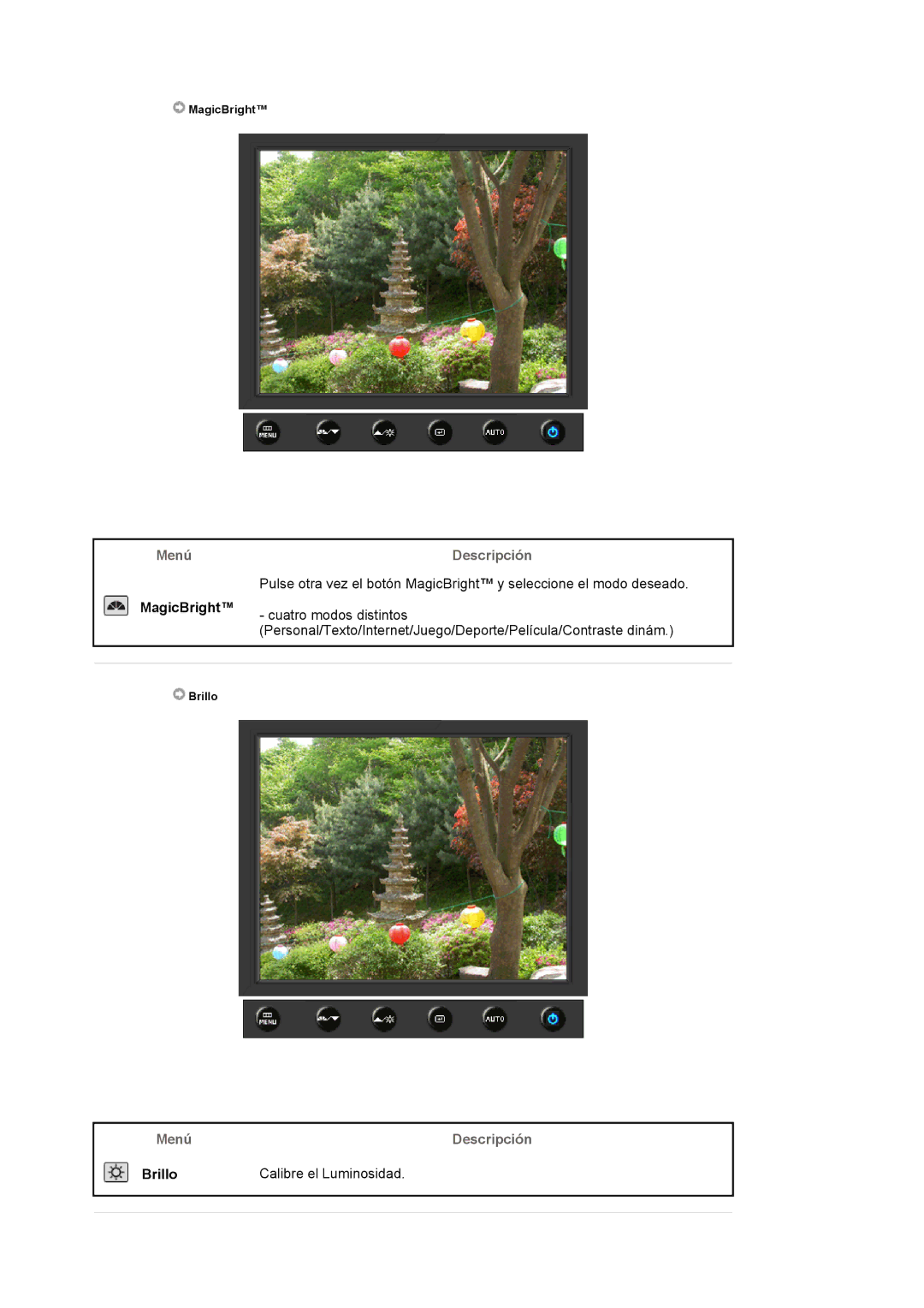 Samsung 940BPlus, 740BPlus manual MagicBright Cuatro modos distintos, Menú Descripción Brillo Calibre el Luminosidad 