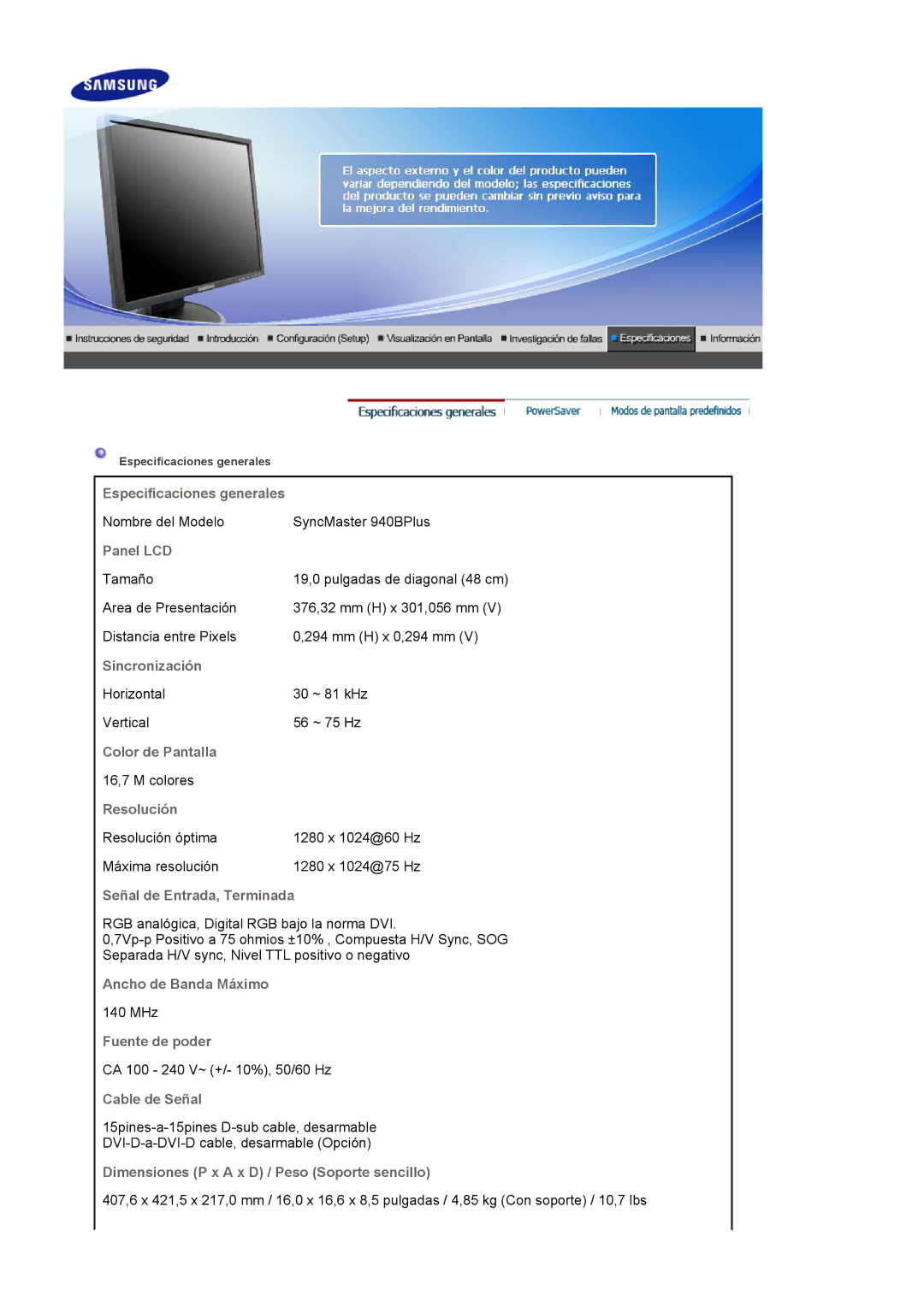 Samsung 740BPlus manual Nombre del Modelo SyncMaster 940BPlus 