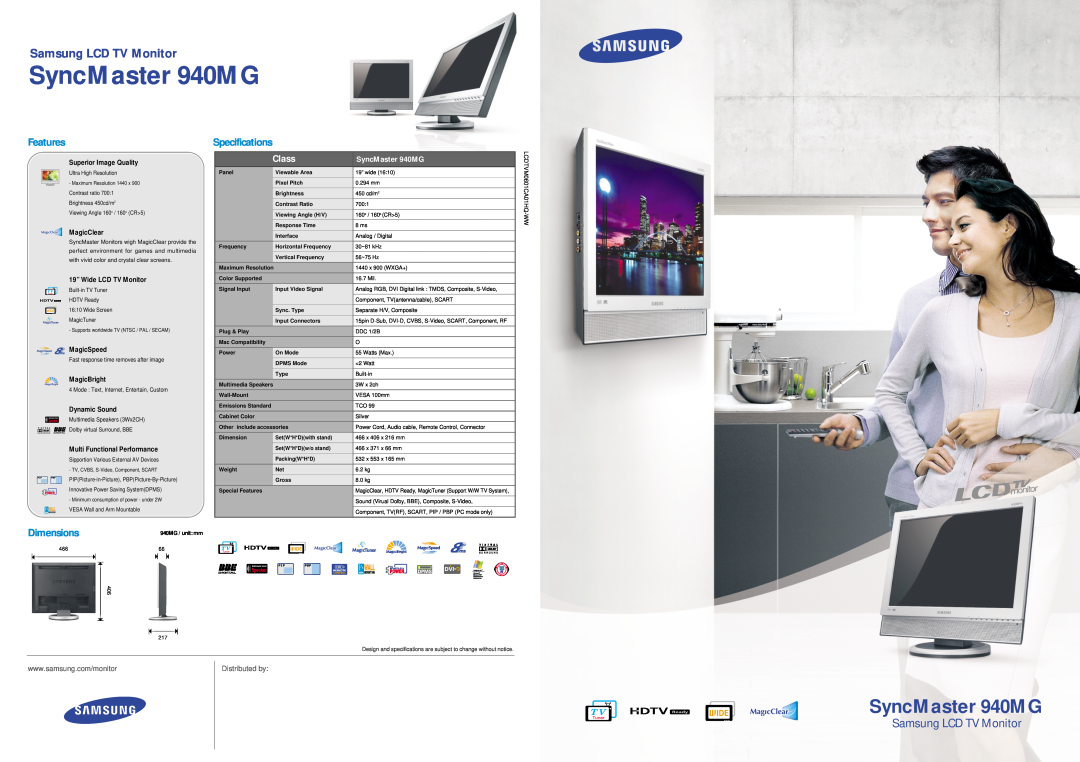 Samsung dimensions SyncMaster 940MG, Samsung LCD TV Monitor, Features, Class, Dimensions, Specifications 