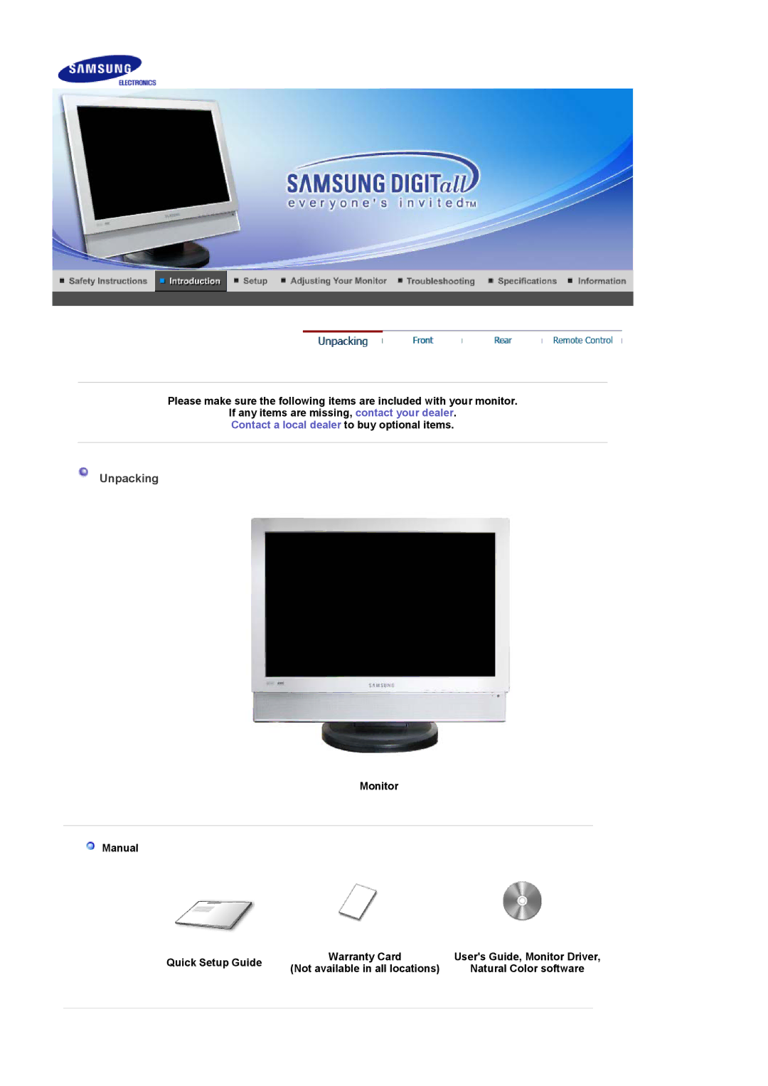 Samsung 940MW manual Unpacking, Monitor Manual Quick Setup Guide 