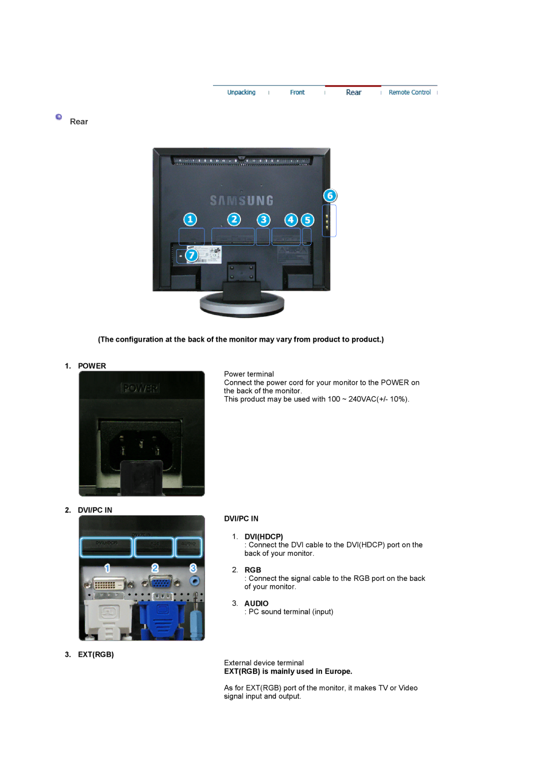 Samsung 940MW manual Rear, Power, DVI/PC Dvihdcp, Audio, Extrgb 