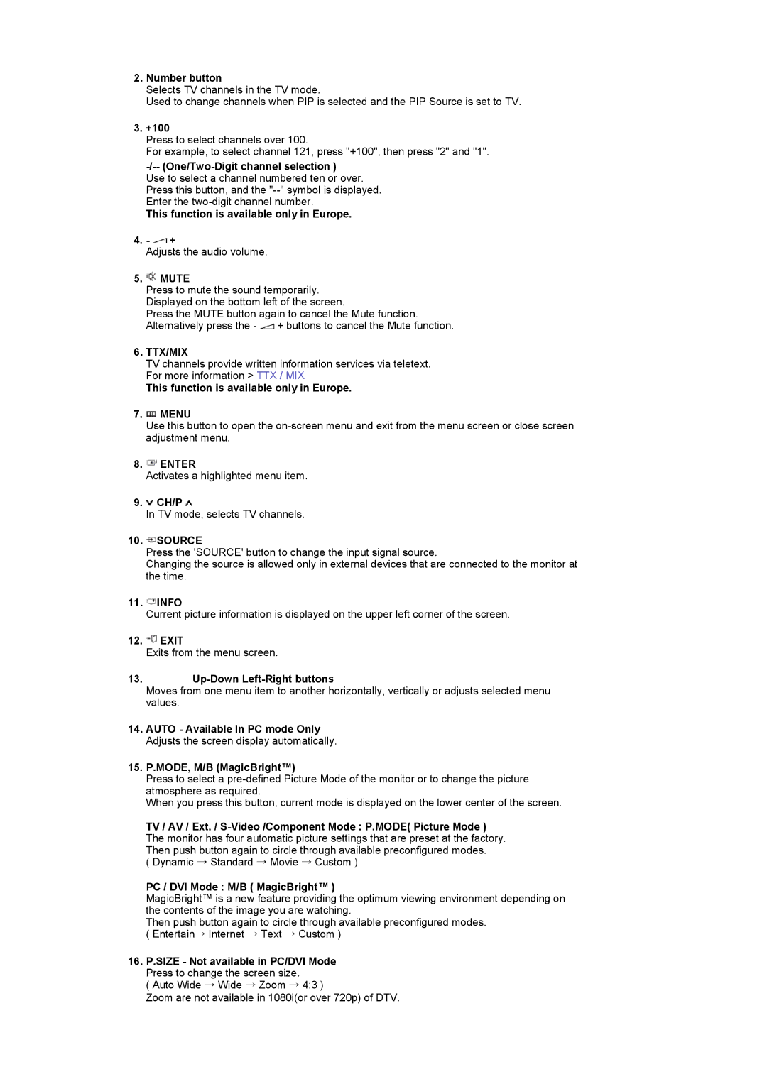 Samsung 940MW manual One/Two-Digit channel selection, This function is available only in Europe, Mute, Ch/P, Info, Exit 