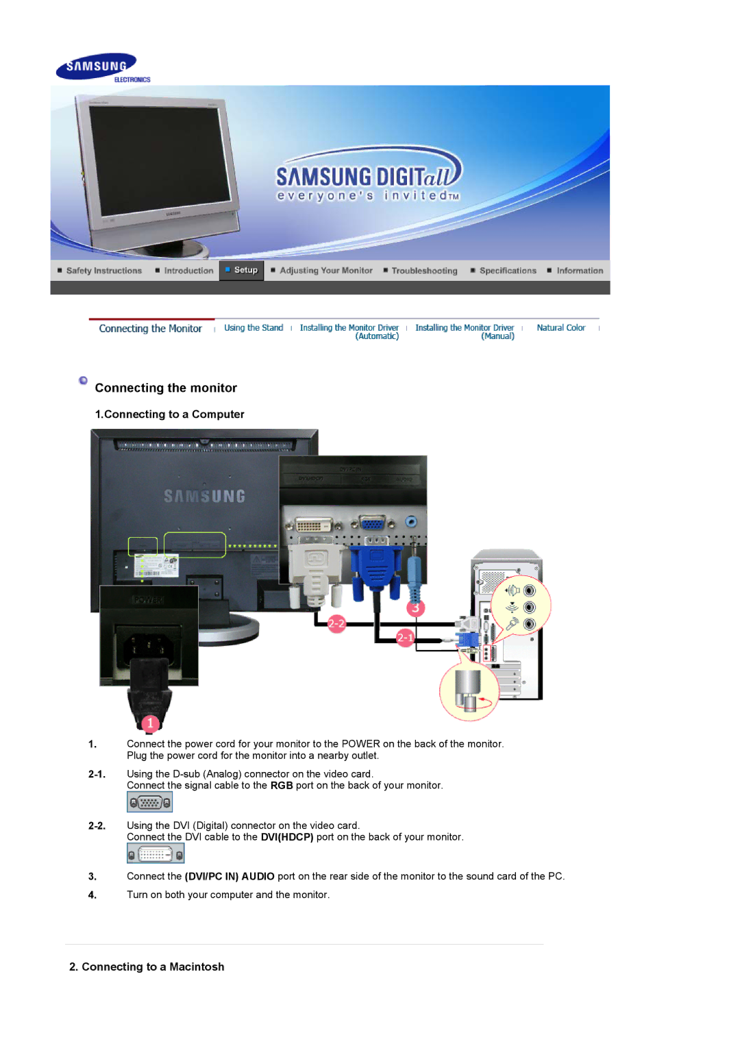 Samsung 940MW manual Connecting to a Computer, Connecting to a Macintosh 