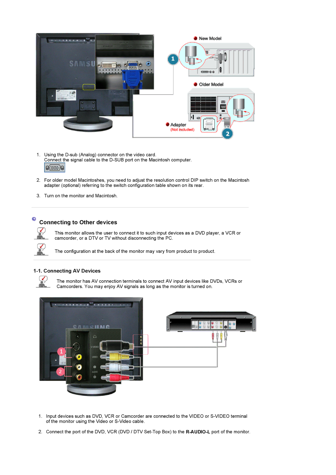 Samsung 940MW manual Connecting to Other devices, Connecting AV Devices 