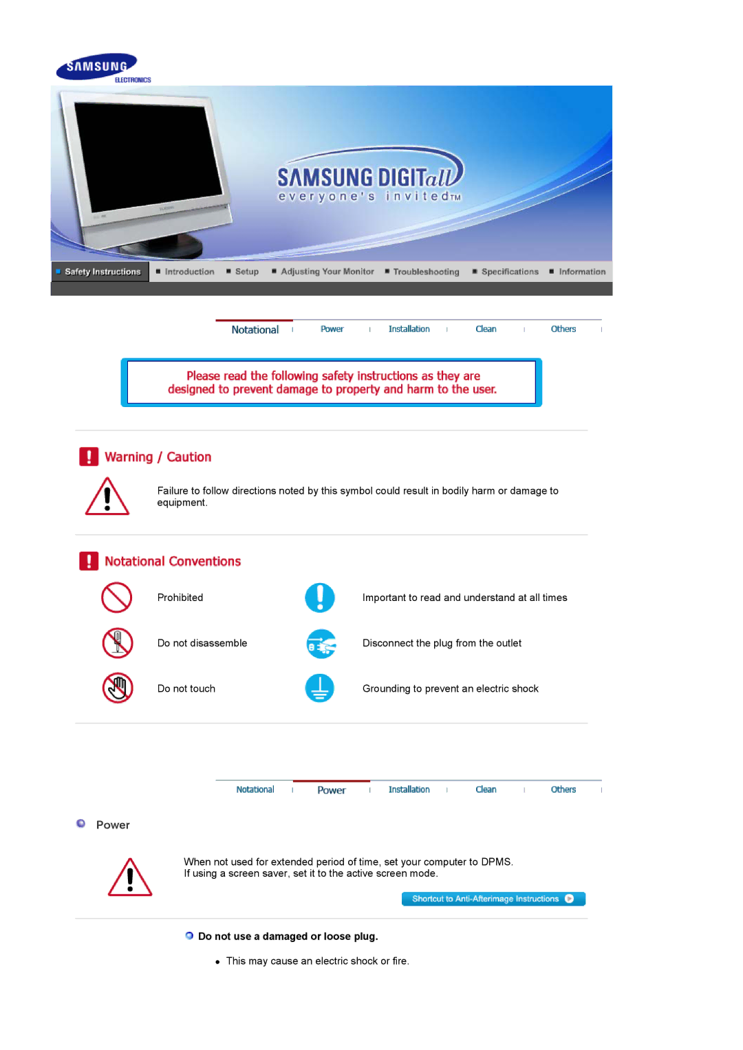 Samsung 940MW manual Power, Do not use a damaged or loose plug 