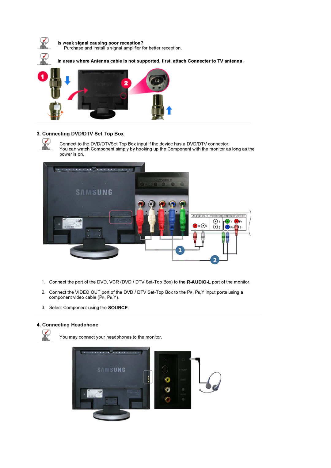 Samsung 940MW manual Connecting DVD/DTV Set Top Box, Connecting Headphone, Is weak signal causing poor reception? 