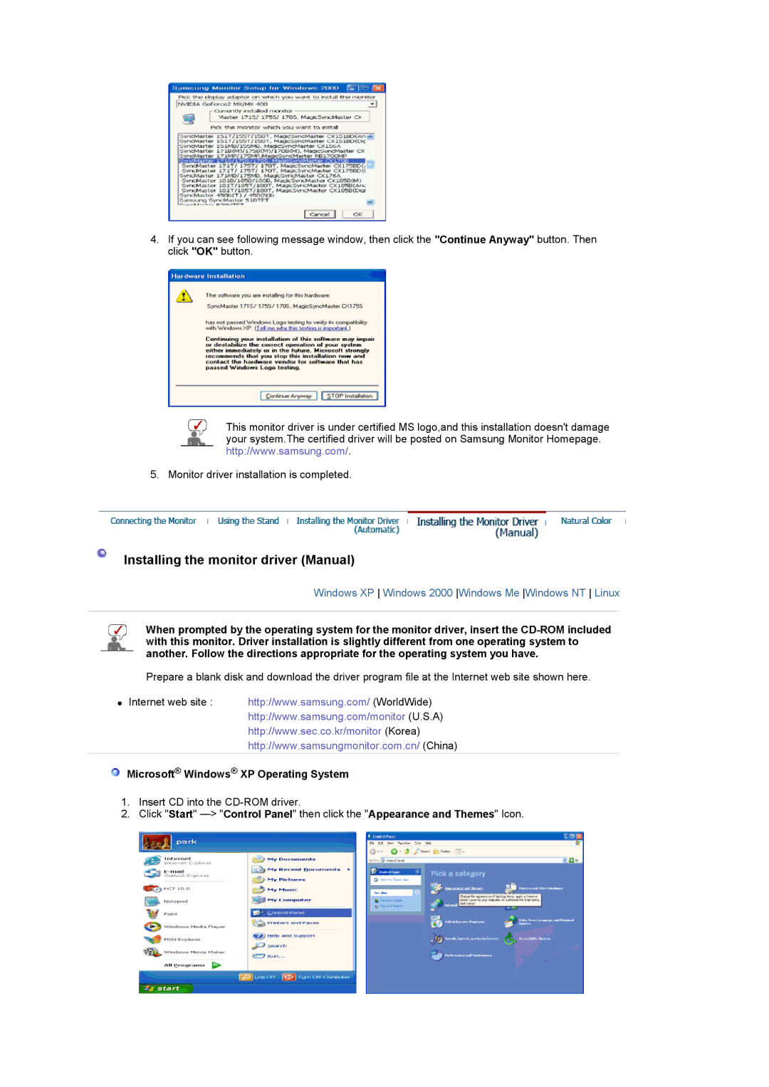 Samsung 940MW manual Installing the monitor driver Manual, Microsoft Windows XP Operating System 