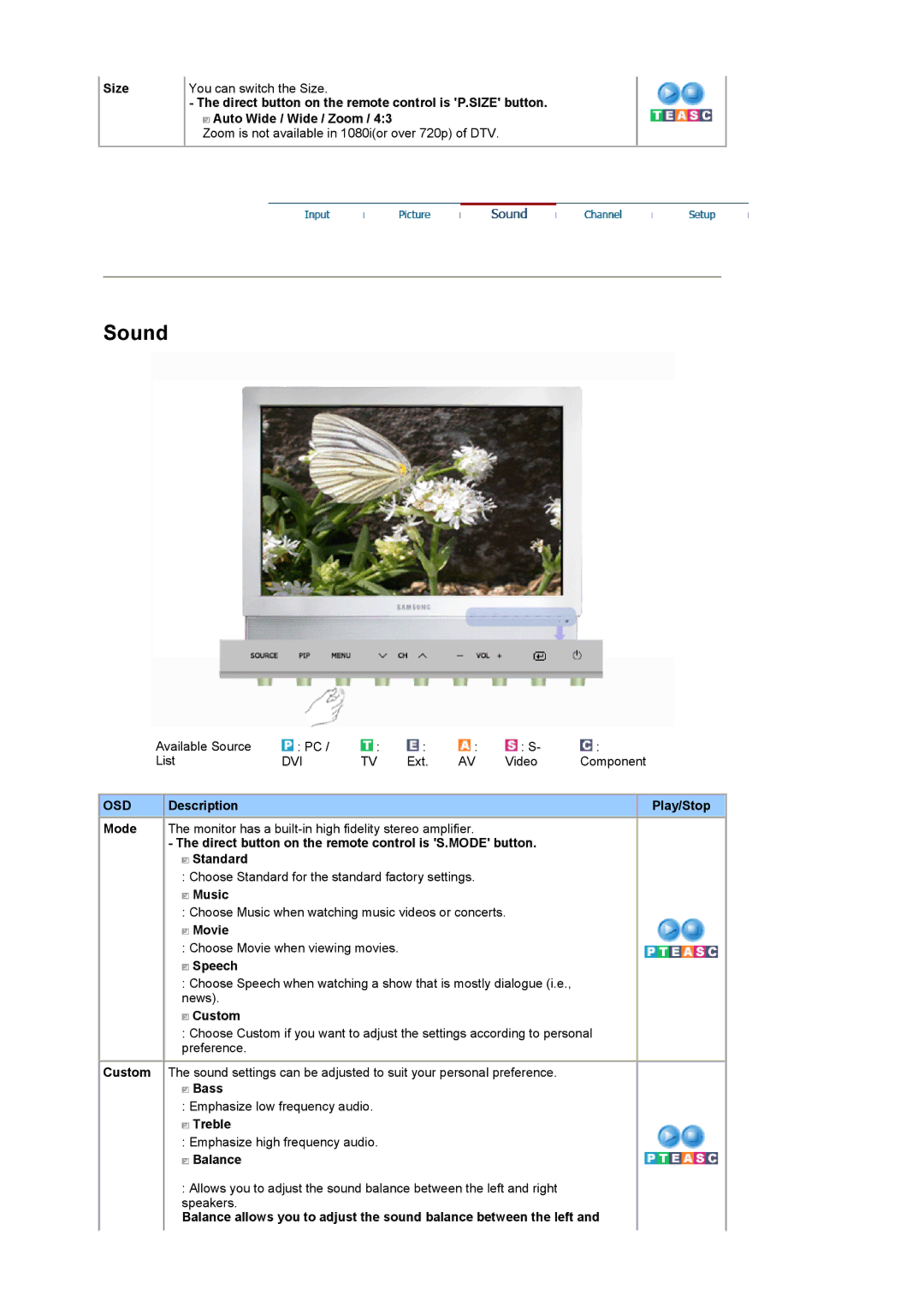 Samsung 940MW Size You can switch the Size, Auto Wide / Wide / Zoom, Zoom is not available in 1080ior over 720p of DTV 