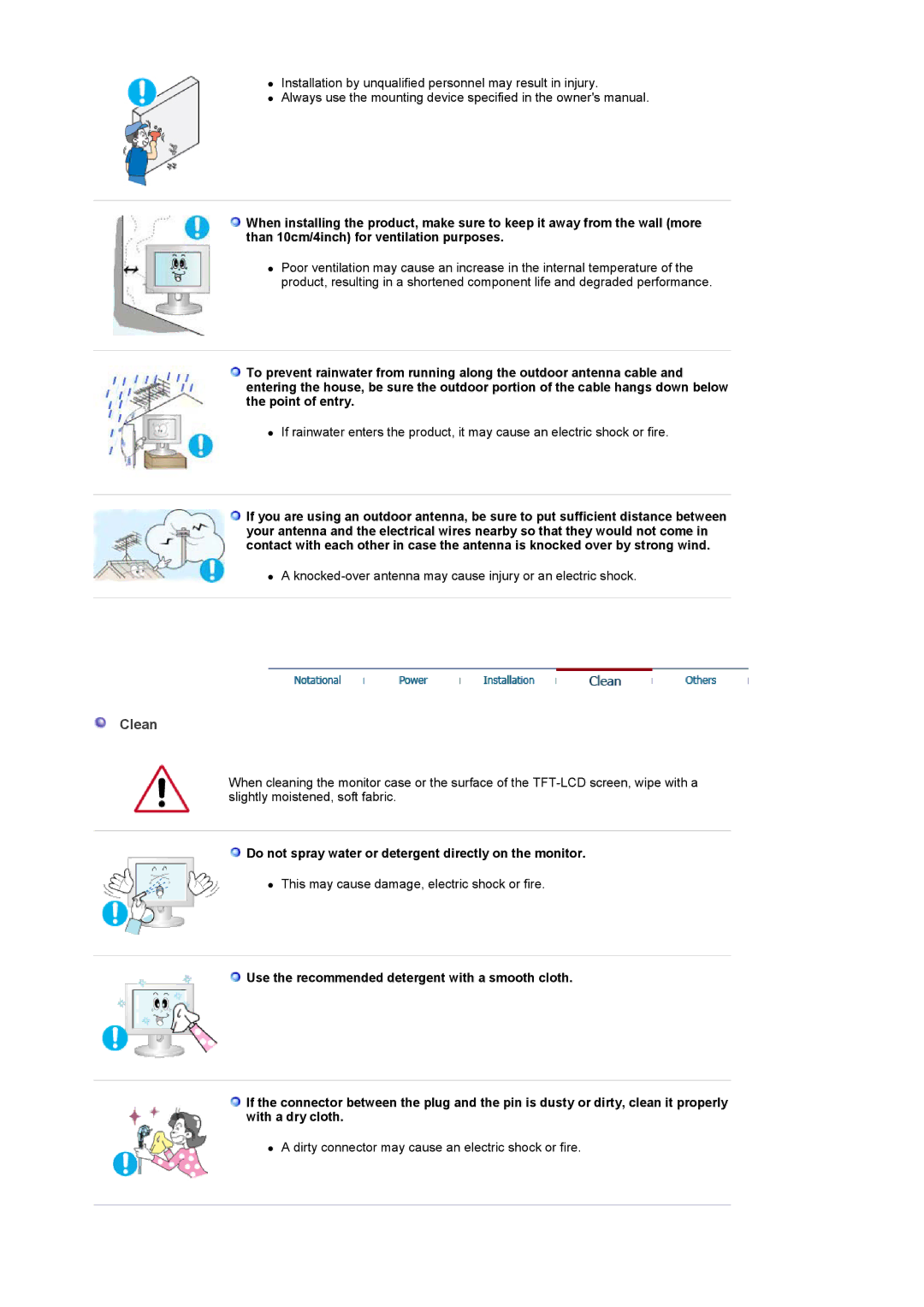 Samsung 940MW manual Clean, Do not spray water or detergent directly on the monitor 