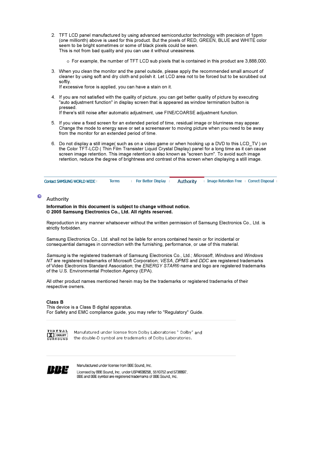 Samsung 940MW manual Authority, Class B 