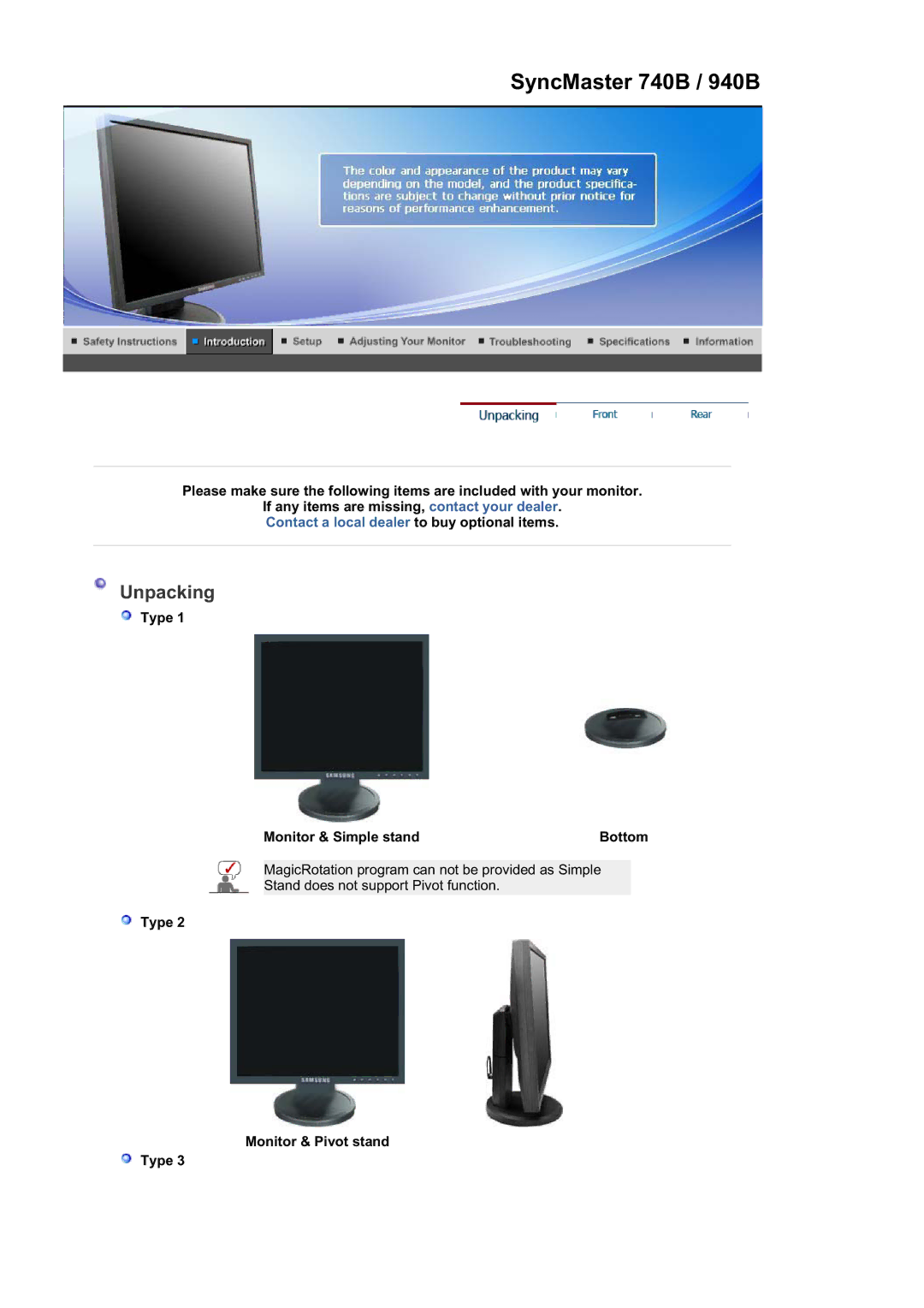 Samsung 940FN, 940T, 940B, 940N, 740B, 740N, 740T, 540B manual Type Monitor & Simple stand Bottom, Type Monitor & Pivot stand 