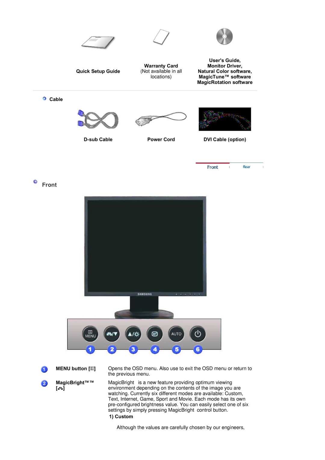 Samsung 540B, 940T, 940B, 940FN, 940N, 740B, 740N, 740T manual Front, Warranty Card Monitor Driver Quick Setup Guide 